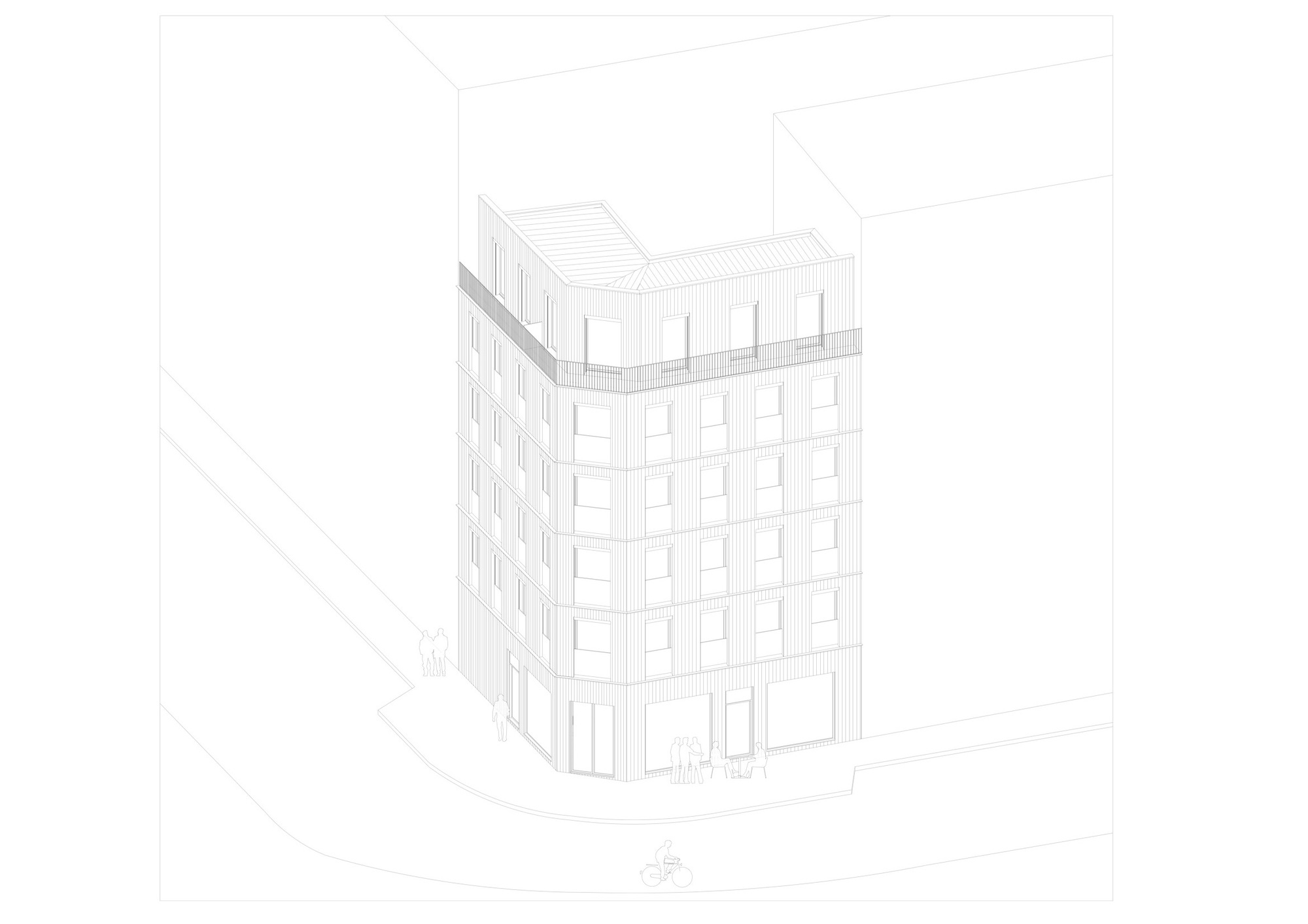 Axonometric line drawing of a six-storey building with a rooftop terrace situated at a street corner