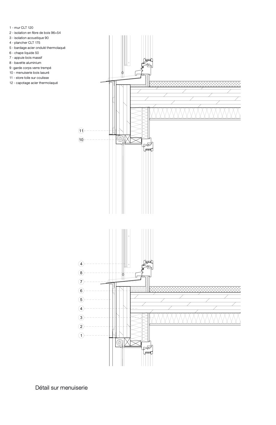 Detail section drawing showing timber frame window jamb connection to floor slab with insulation and finishing layers