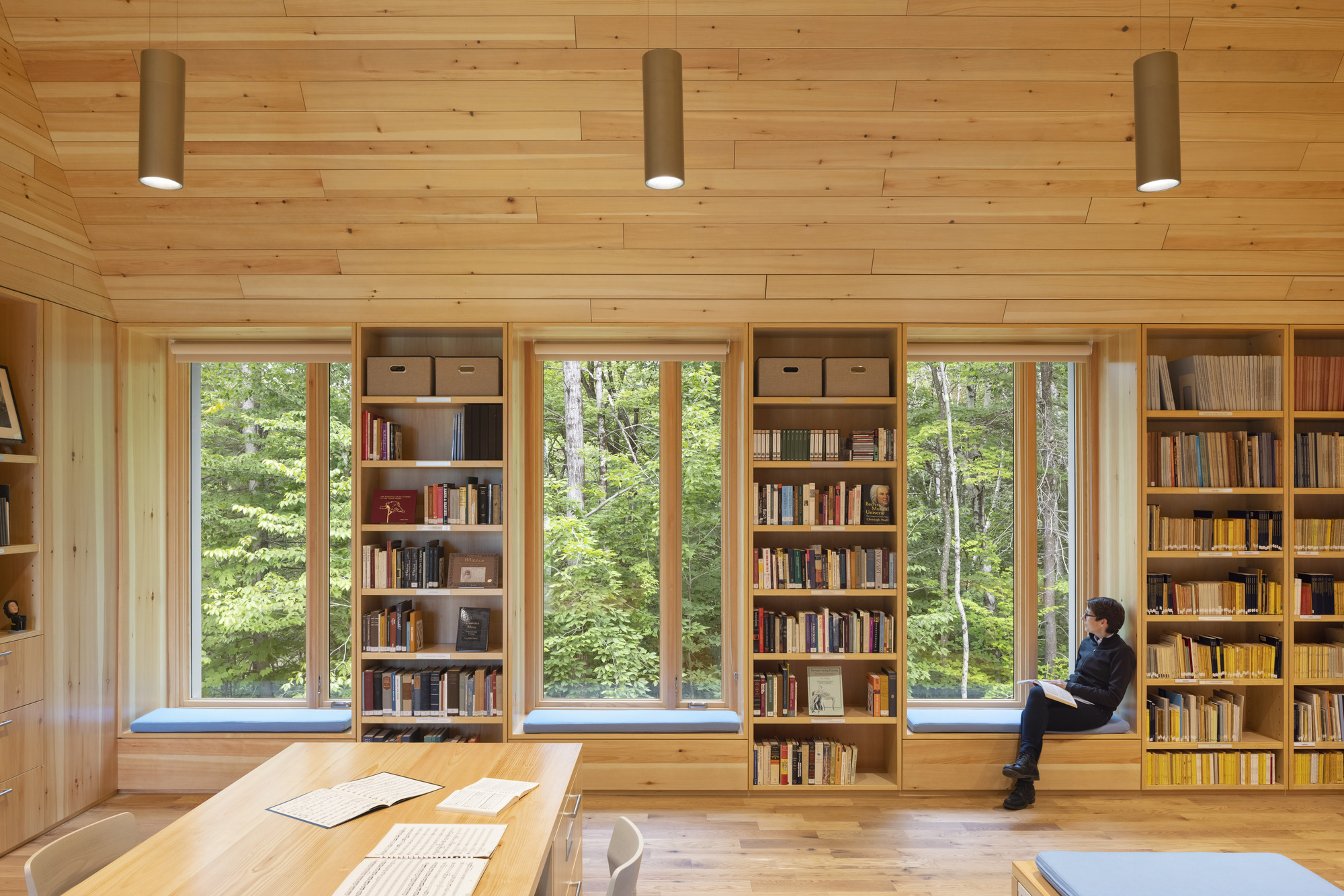 Light timber library with built-in bookshelves and tall windows overlooking summer foliage, person reading in windowsill