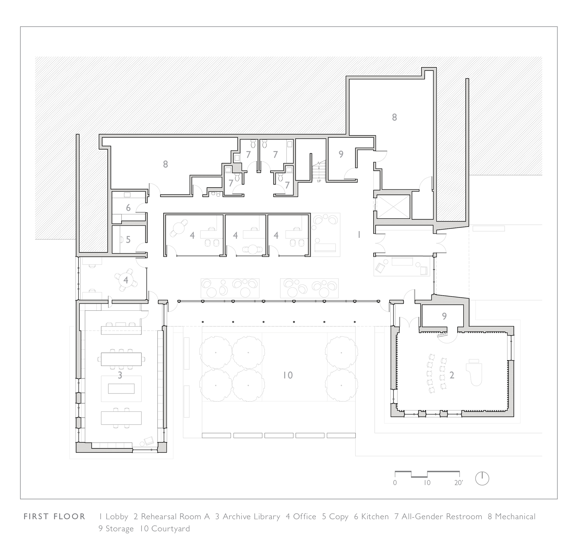 First floor plan drawing showing lobby, offices, archive library, courtyard and rehearsal rooms around central space