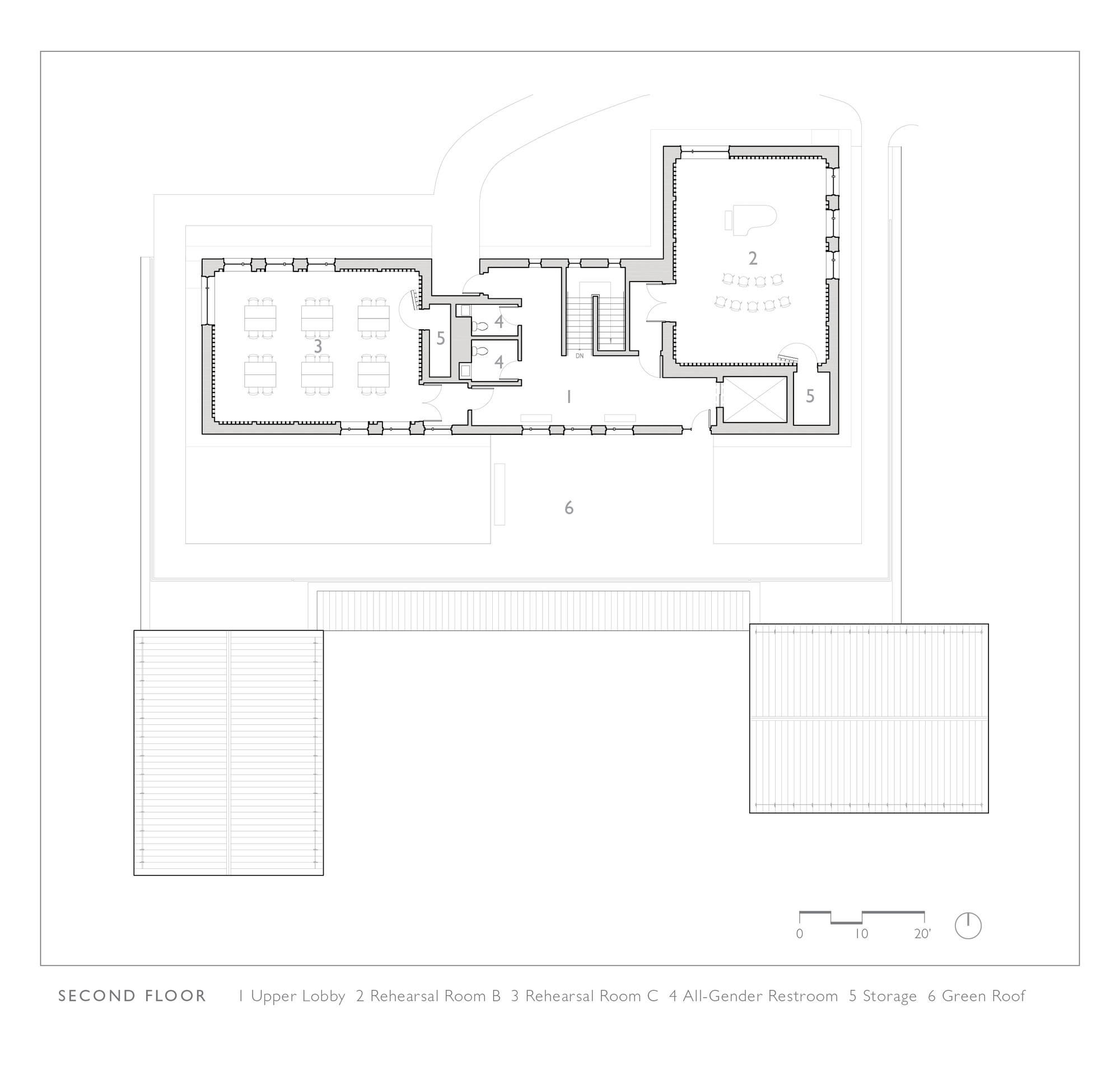 Second floor plan drawing showing upper lobby, two rehearsal rooms, and green roof adjacent to main volumes