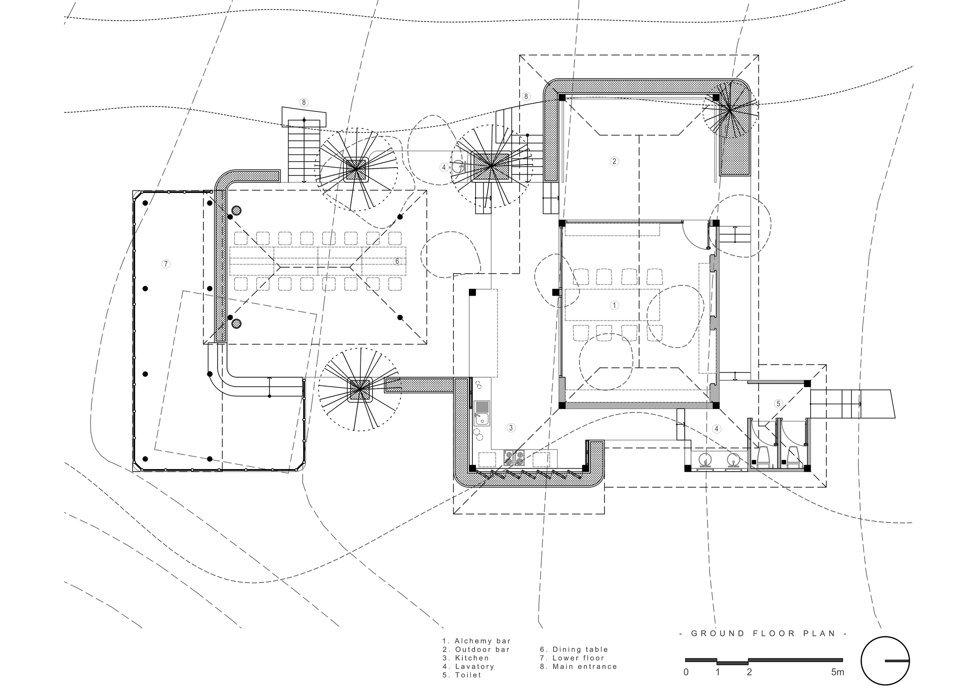 Ground floor plan drawing showing clustered pavilion volumes with spiral stairs and outdoor terraces
