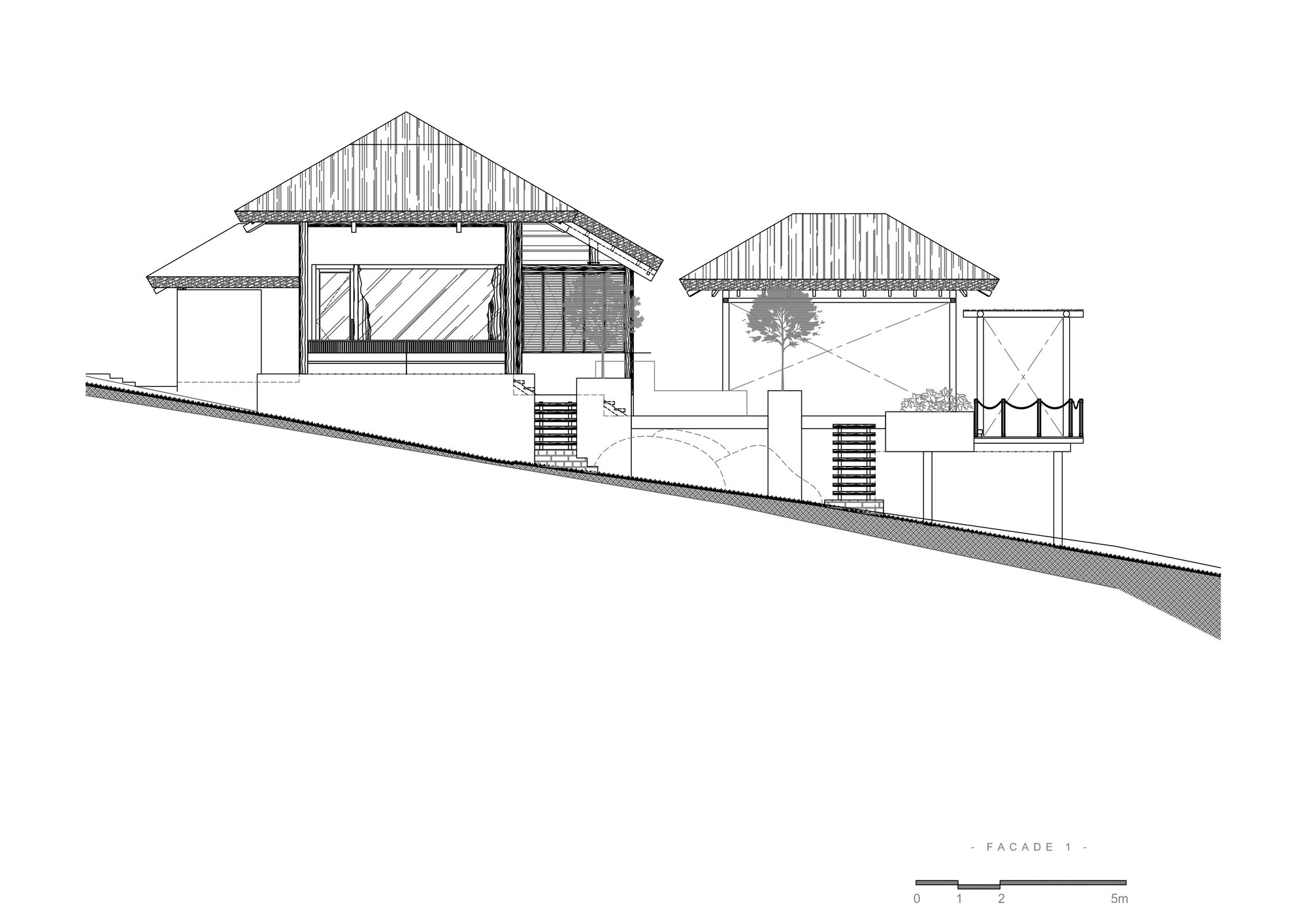 Elevation drawing depicting two pavilions with gabled roofs stepping down a sloped site