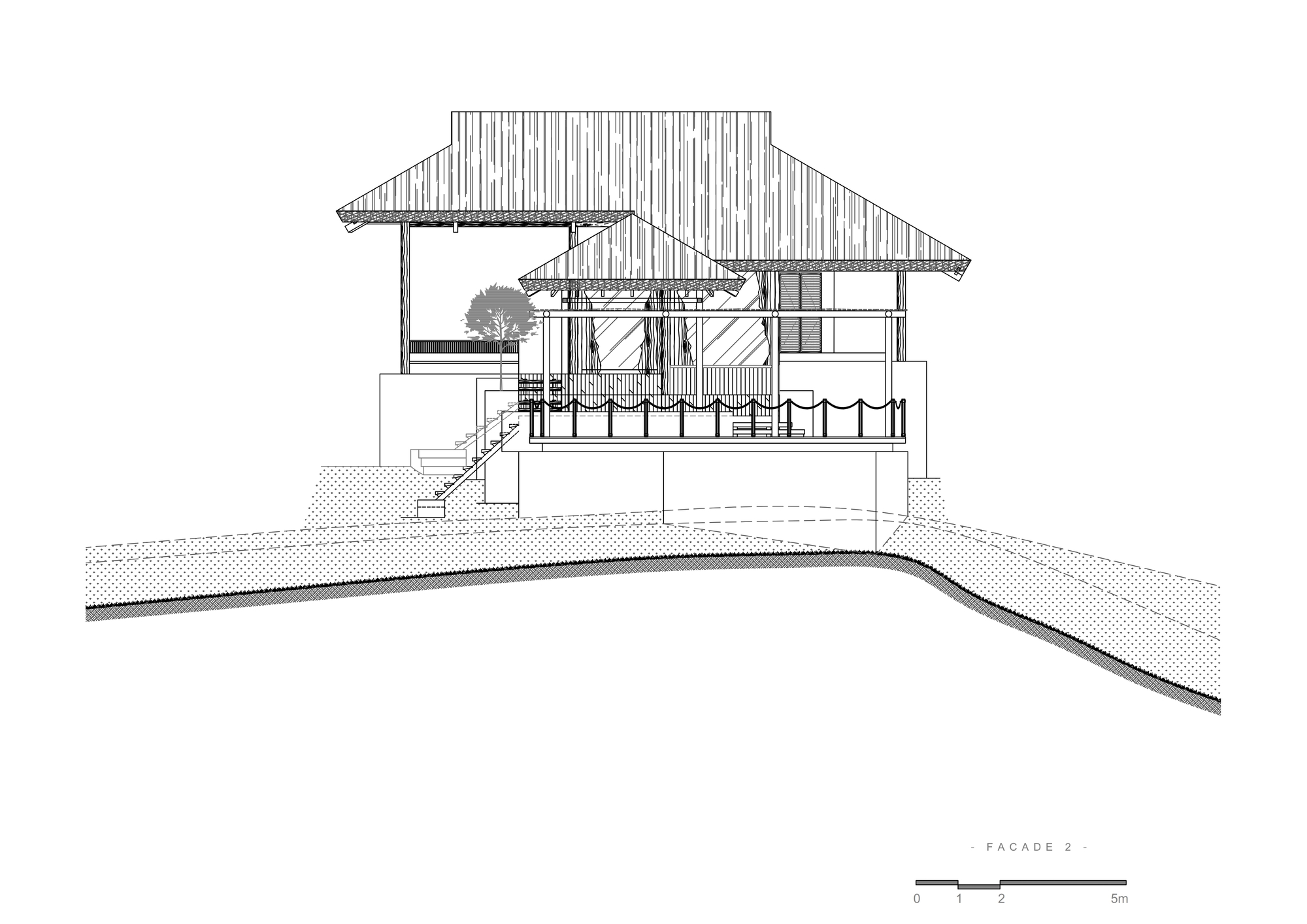 Elevation drawing showing a single pavilion with open terrace and gabled roof on contoured terrain