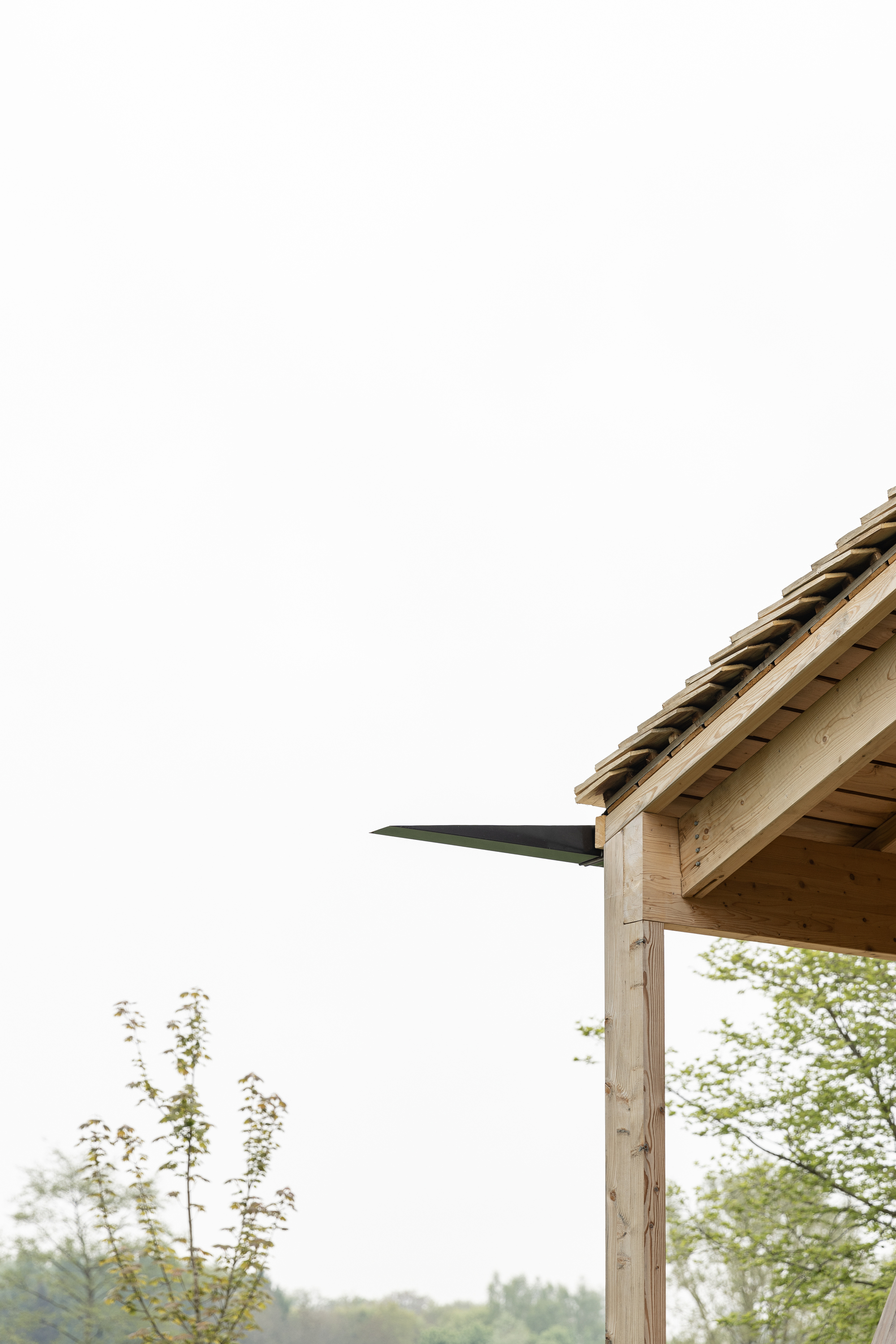 Corner detail of wood shingle eave meeting black metal gutter with young trees in background
