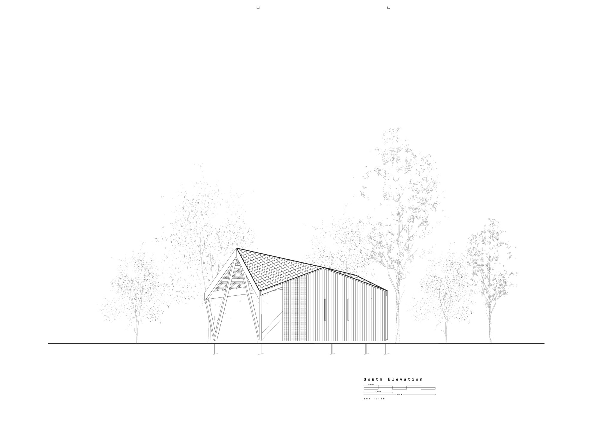 South elevation drawing showing the angular gabled volume with diagonal bracing and surrounding trees