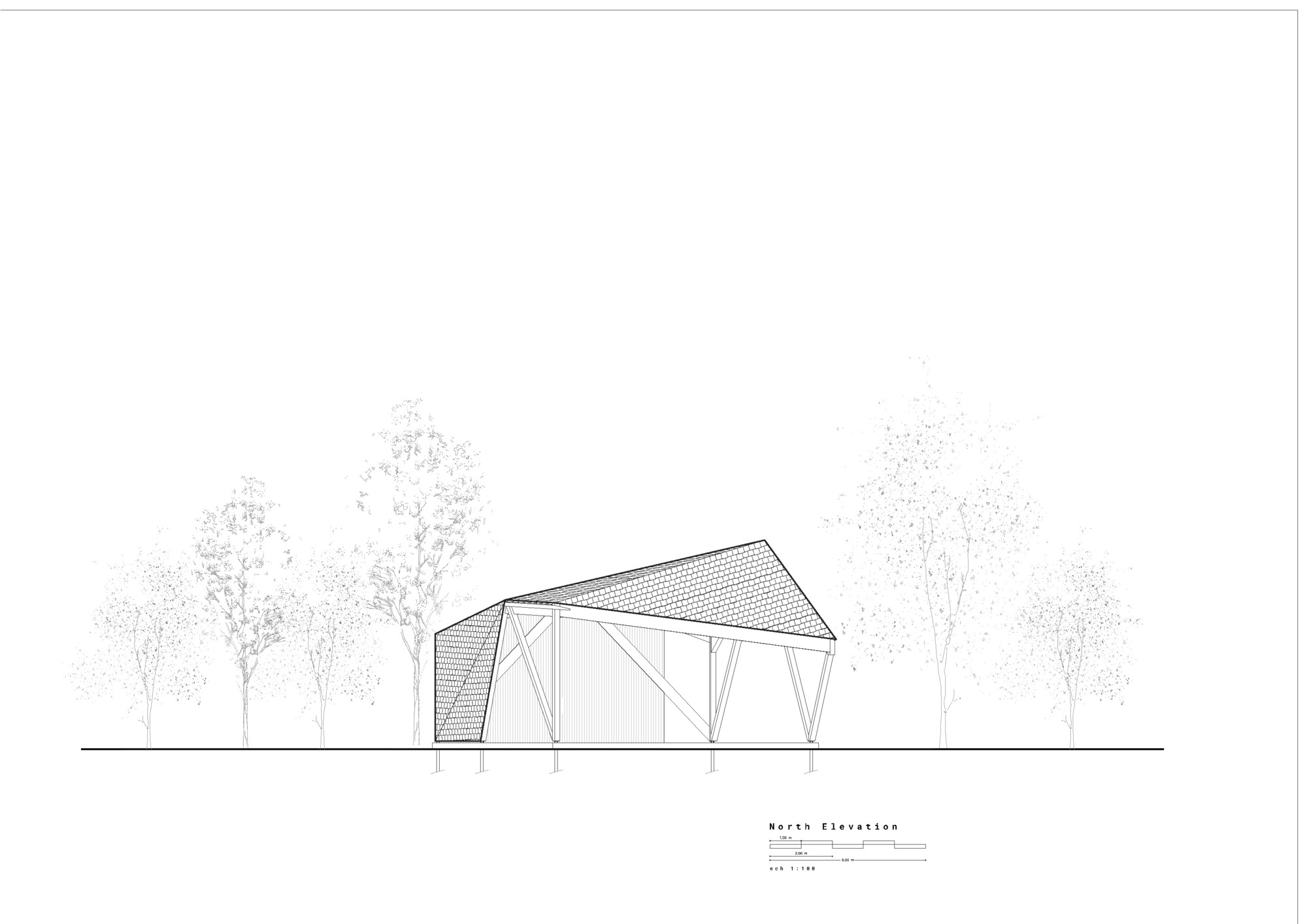 North elevation drawing depicting the peaked roof structure with exposed triangular framework and vegetation