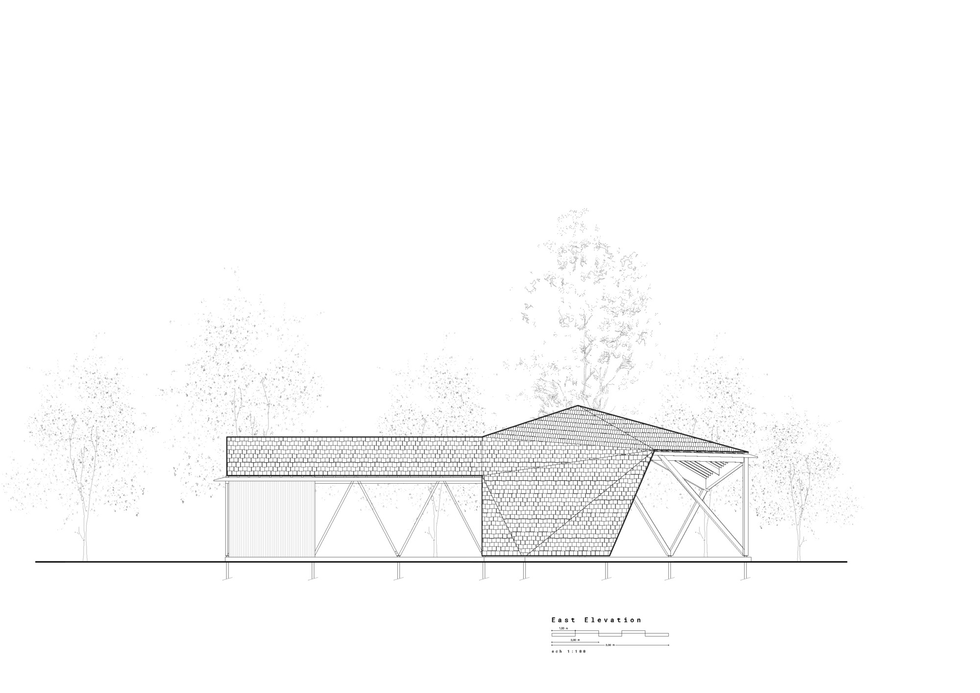 East elevation drawing showing the long horizontal volume with textured roof and X-braced end walls