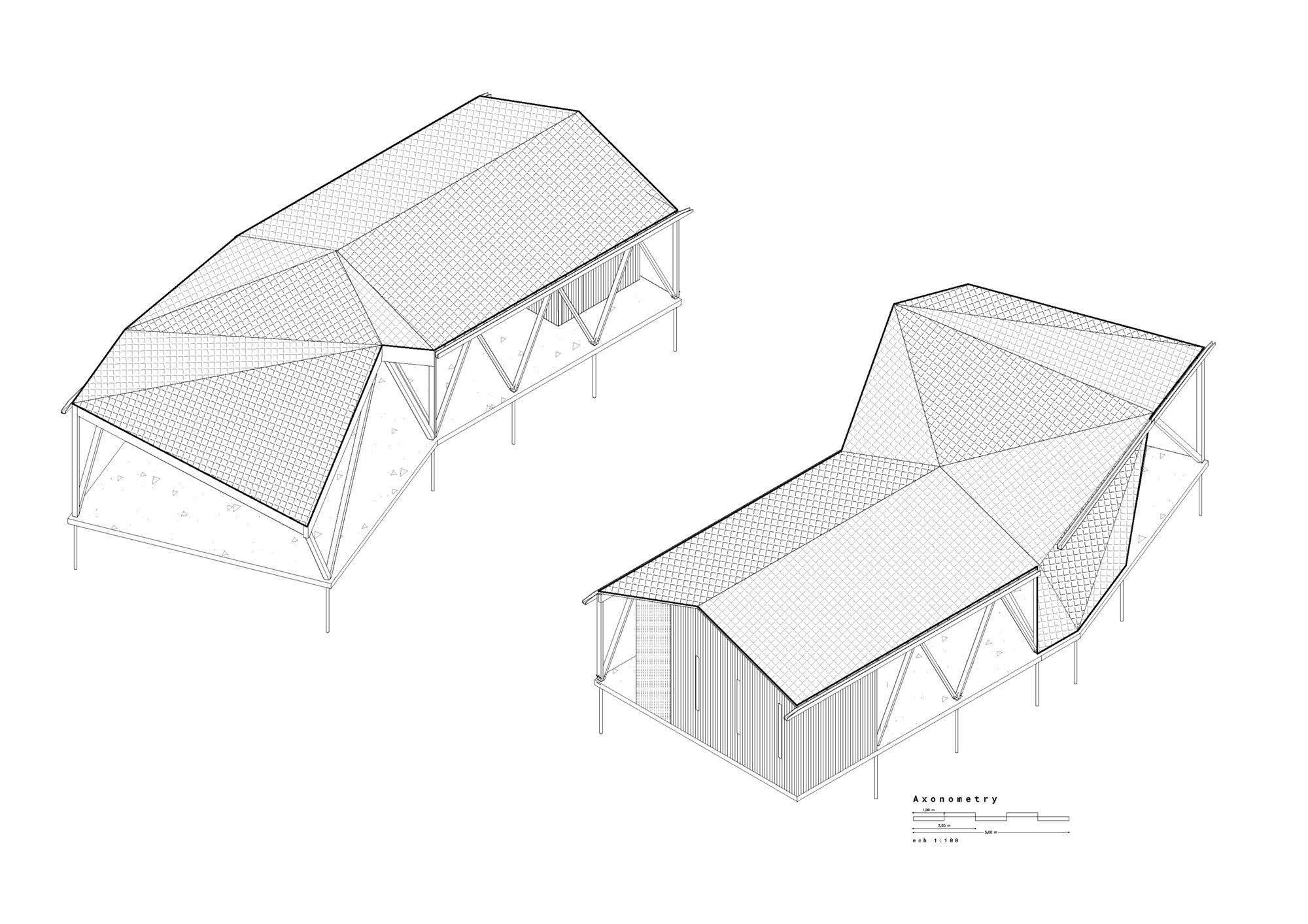 Axonometric drawing of two angled roof structures elevated on diagonal bracing columns