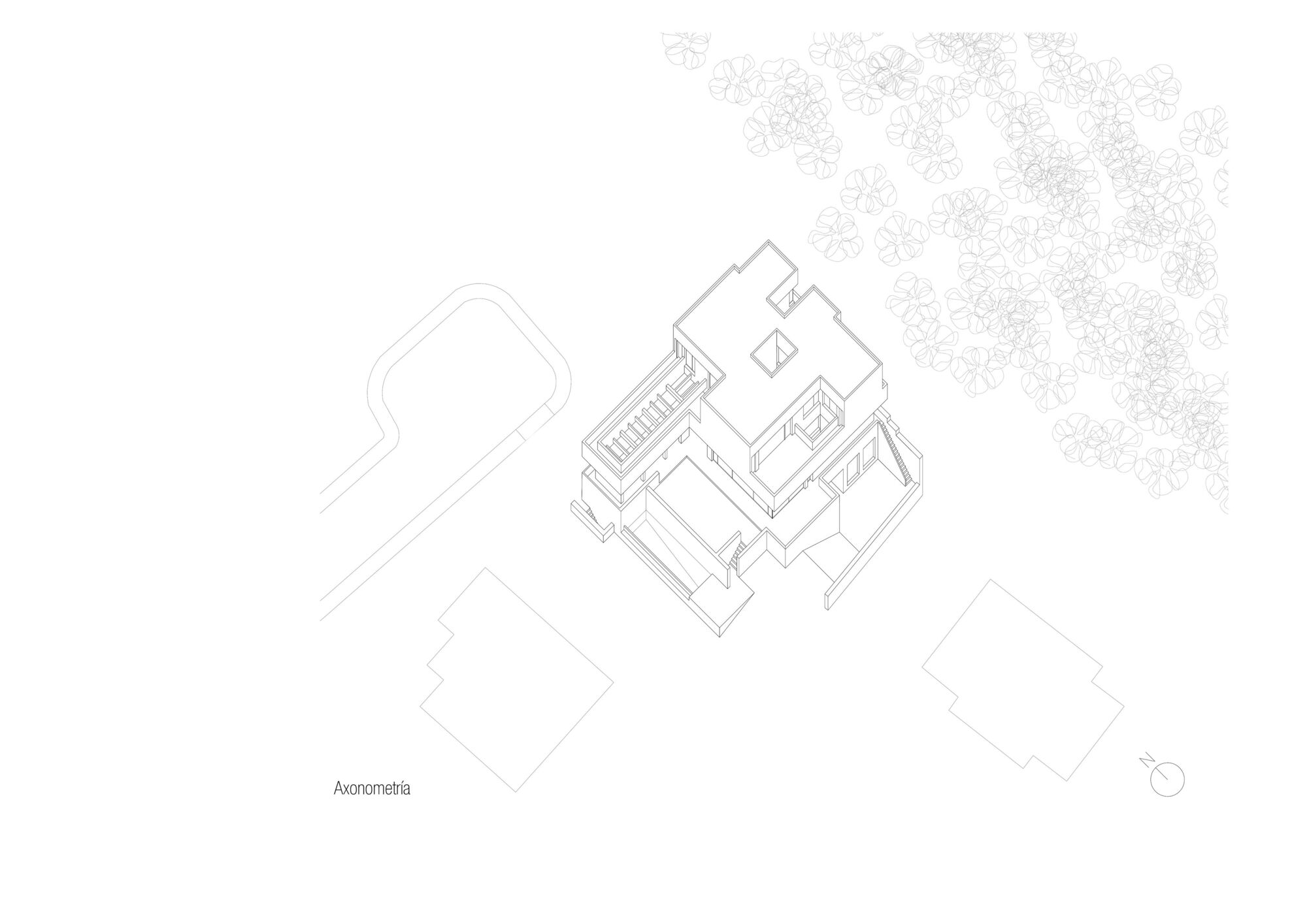 Axonometric drawing showing interior room arrangement with central stair and surrounding tree canopy
