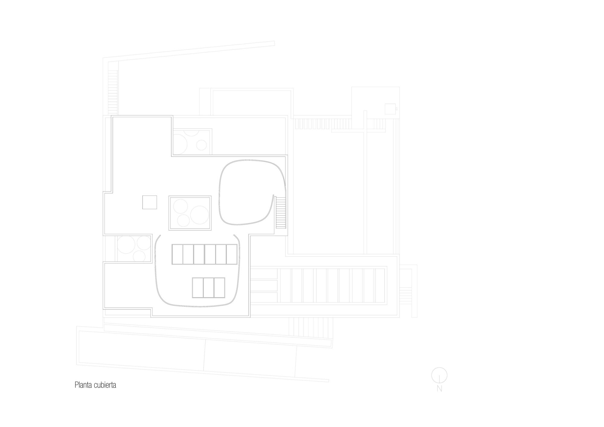 Roof plan drawing showing curved interior volumes and exterior terrace with stair