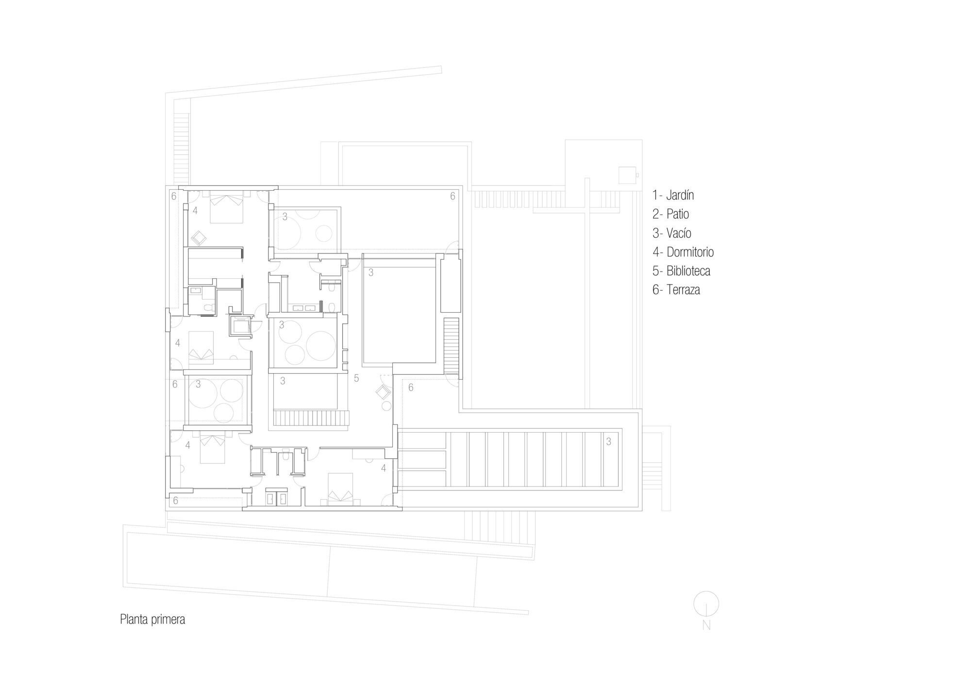 Ground floor plan drawing showing a residential layout with courtyards, library, and terrace spaces