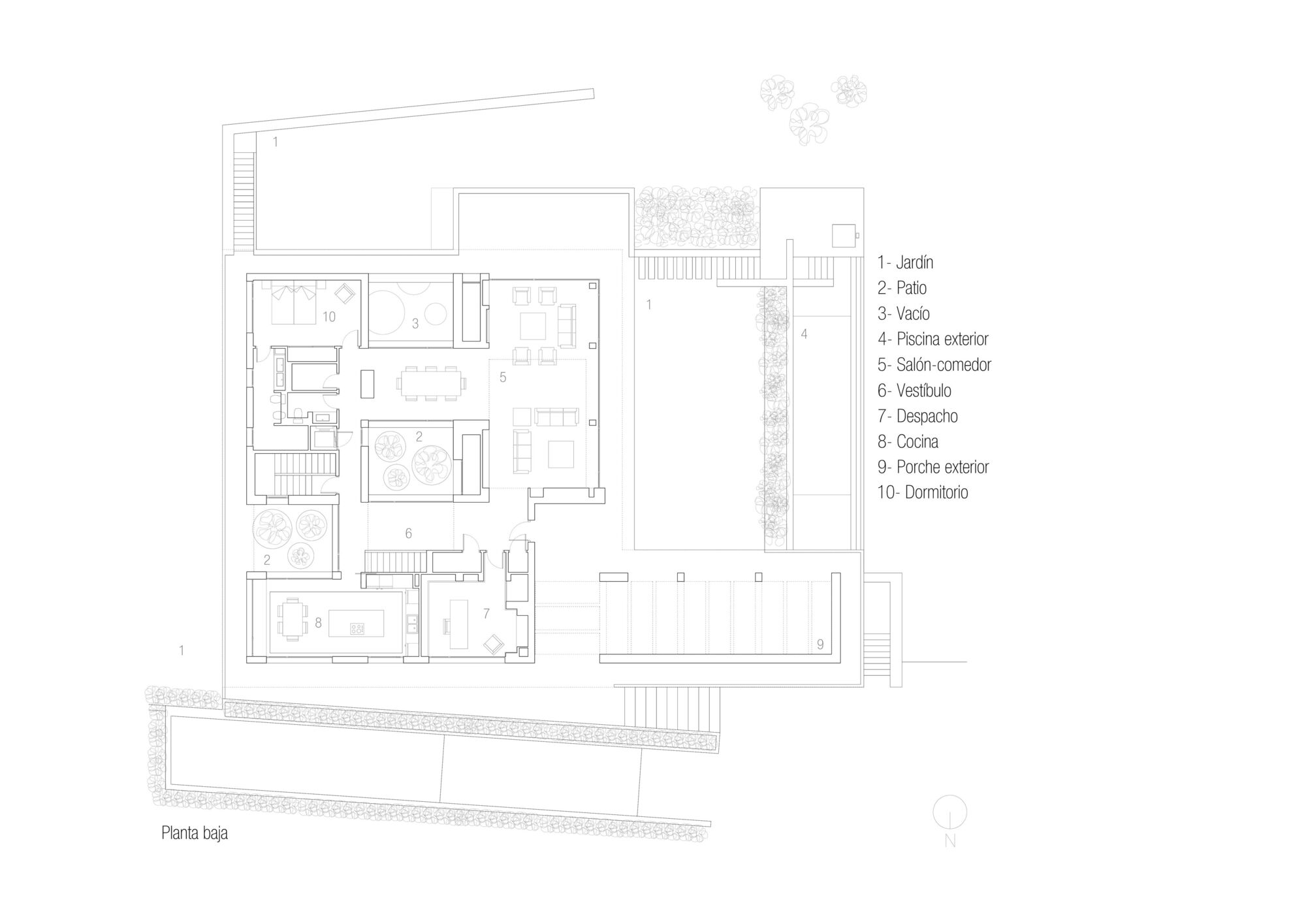 Upper floor plan drawing showing living areas, dining room, and exterior porches with adjacent garden