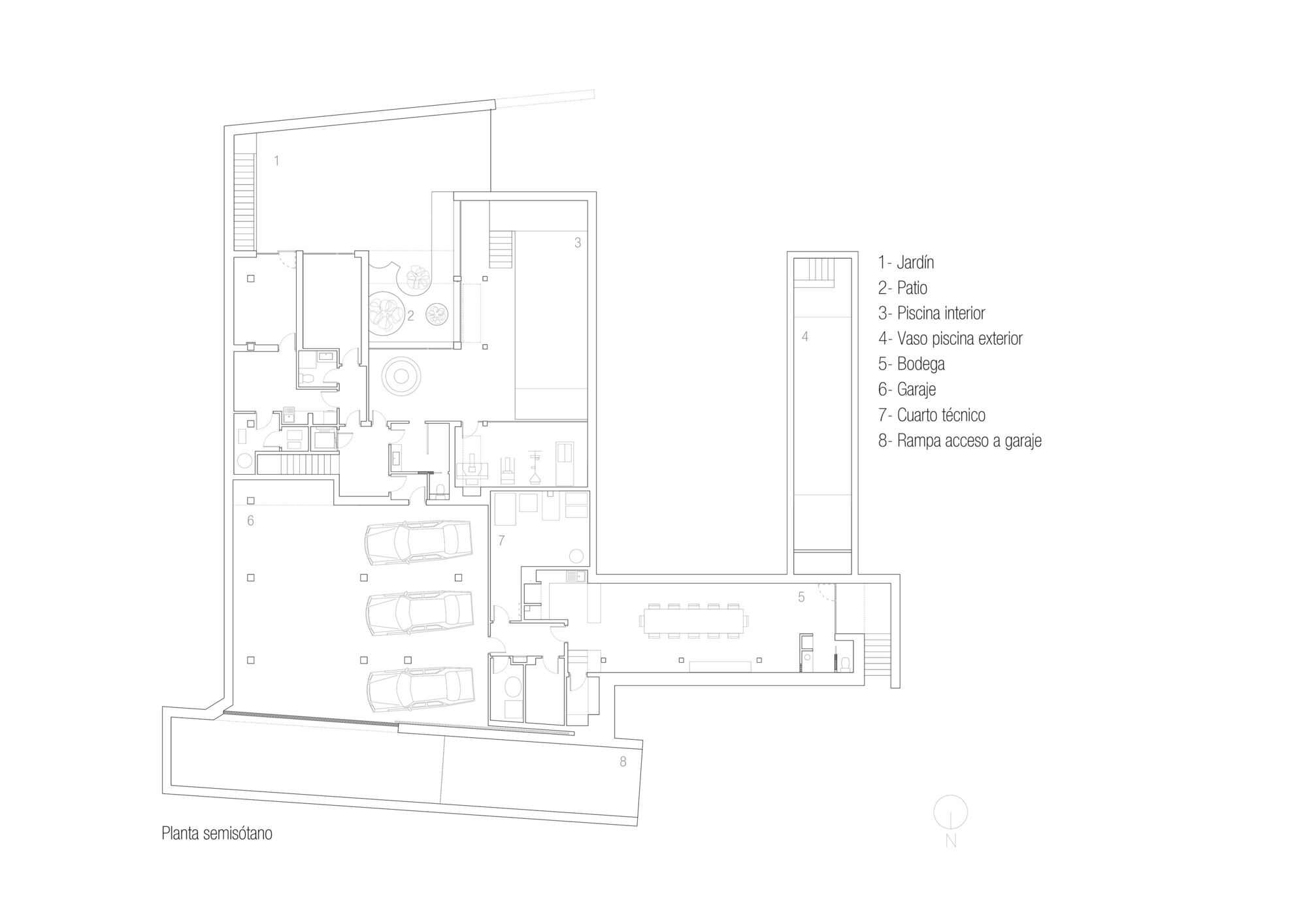 Basement floor plan drawing showing garage with three parking spaces and pool area with courtyard