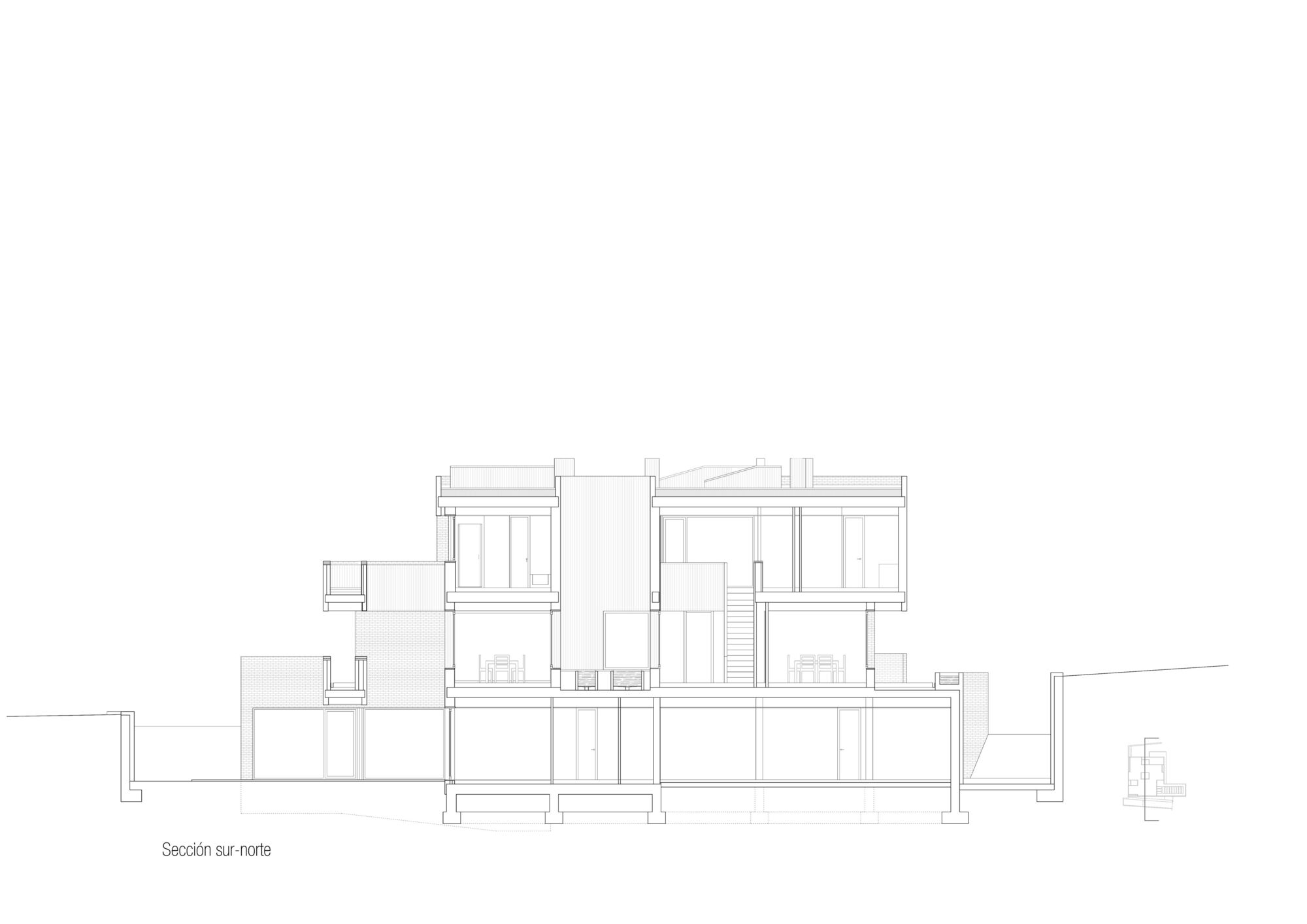 Section drawing through the residence showing three levels of interior spaces and roof terraces