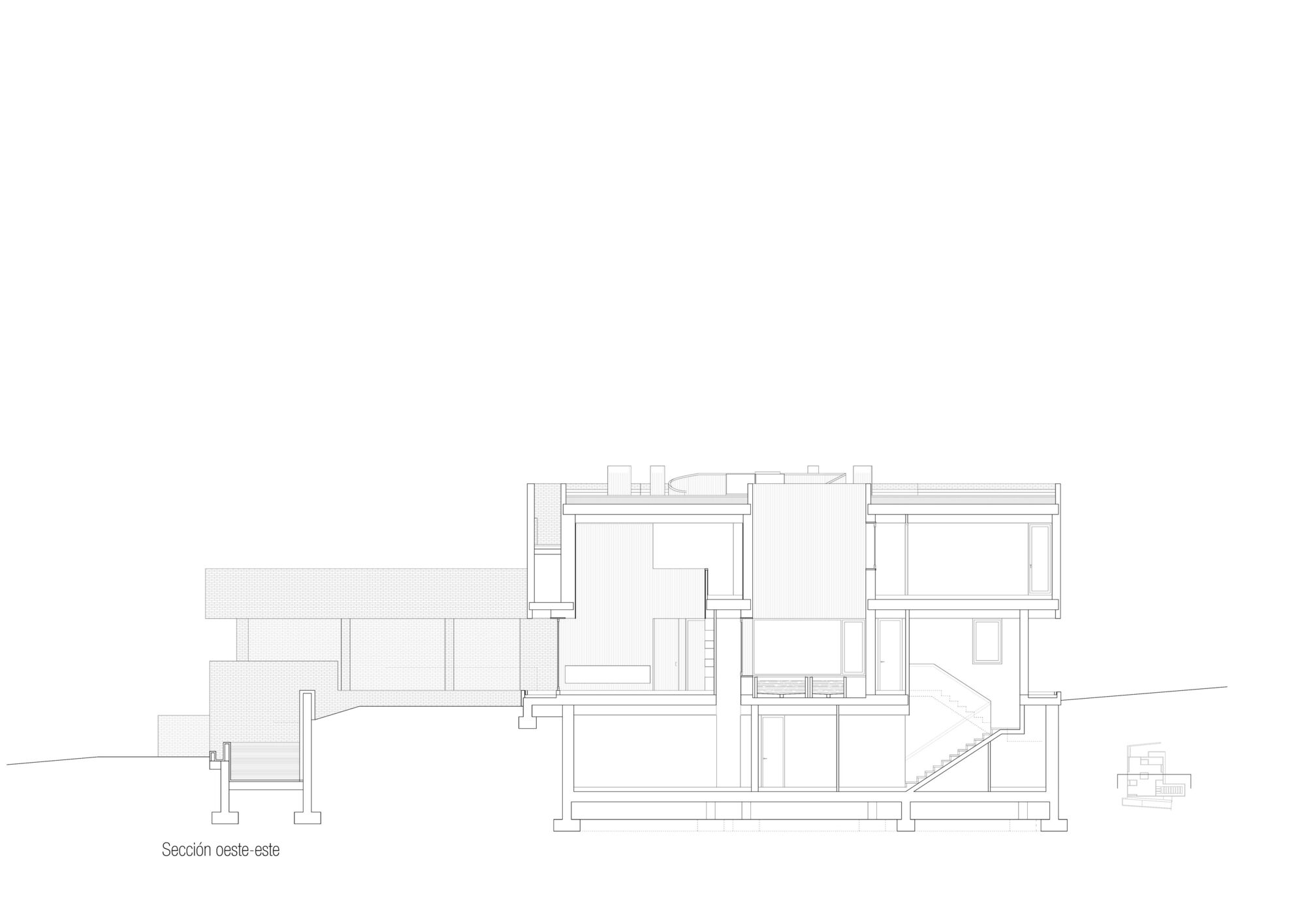 Section drawing showing a multi-level residence with stairs, roof terraces, and interior spatial divisions