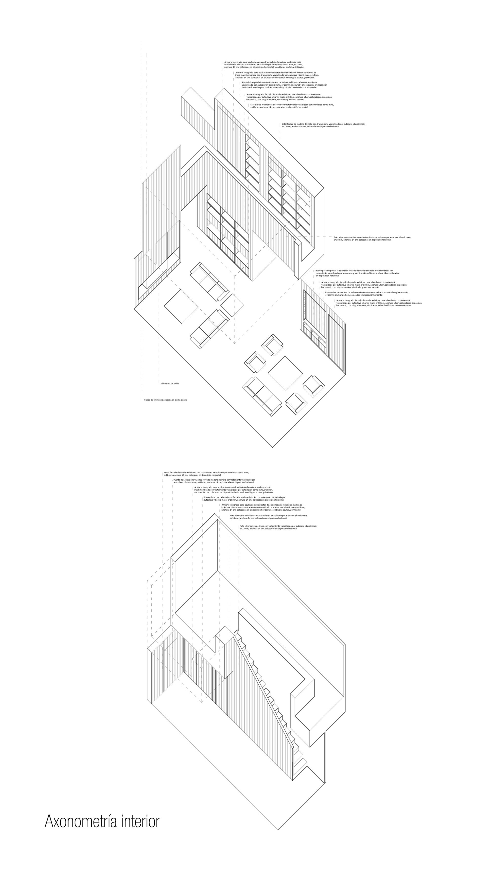 Axonometric drawing showing interior spaces with dining area, glazed partitions, and staircase connections between levels