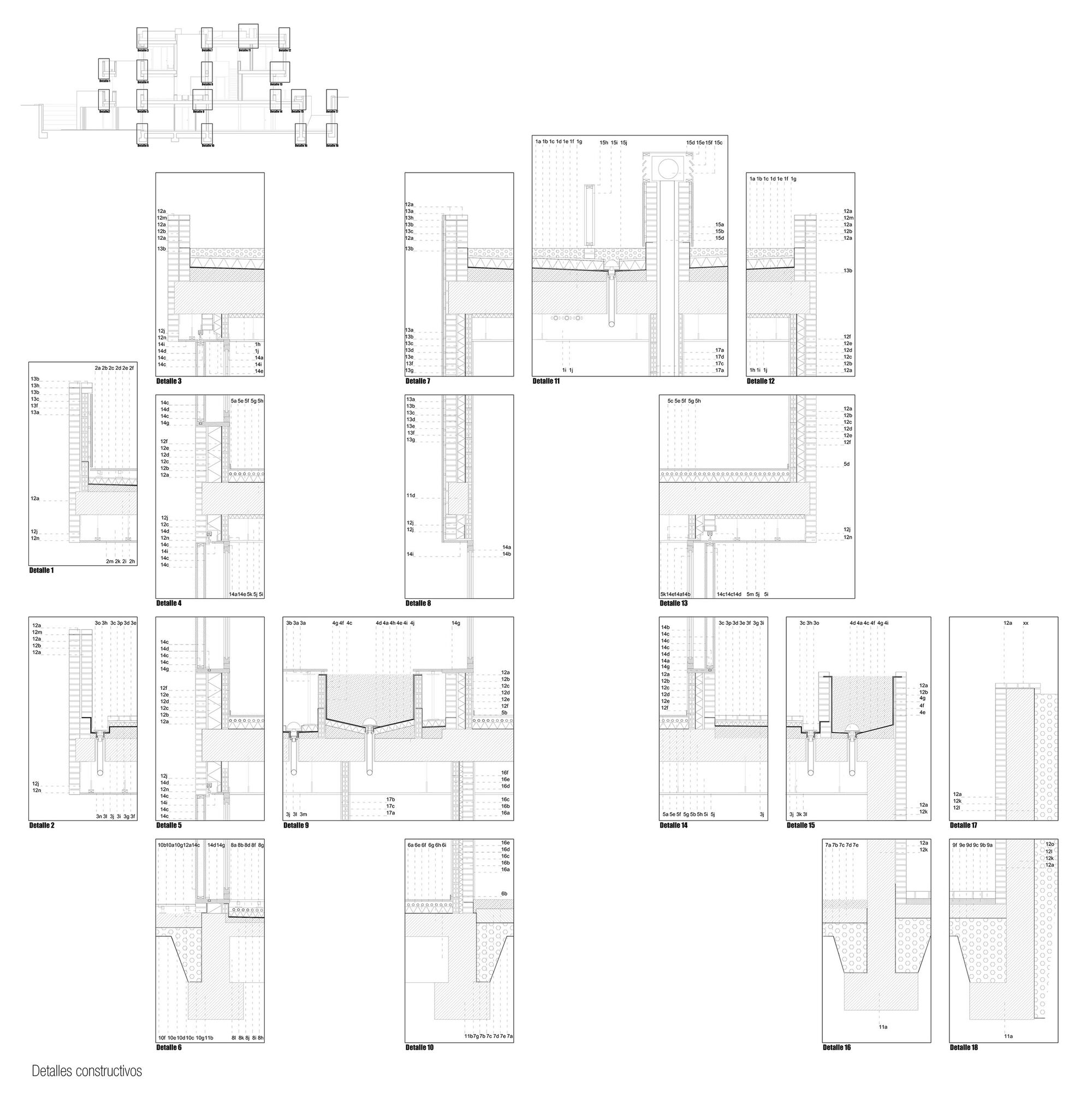 Construction detail drawings showing wall sections, floor assemblies, and material layer compositions with annotations