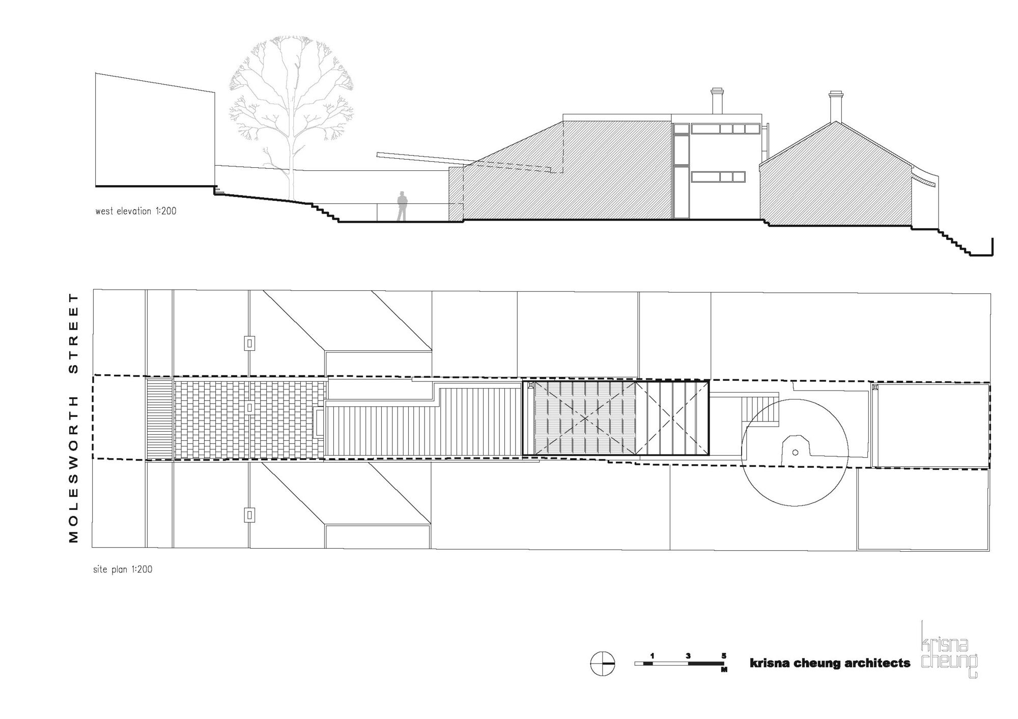 West elevation and site plan drawing showing the roof profile and street frontage