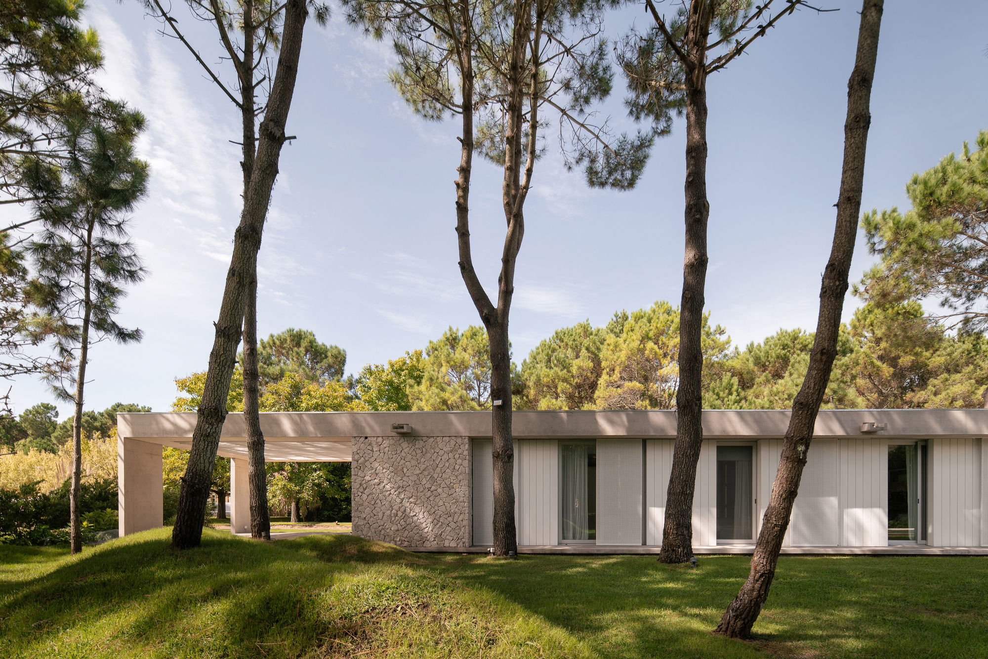 White rendered facade with vertical timber cladding and textured stone volume among pine trees