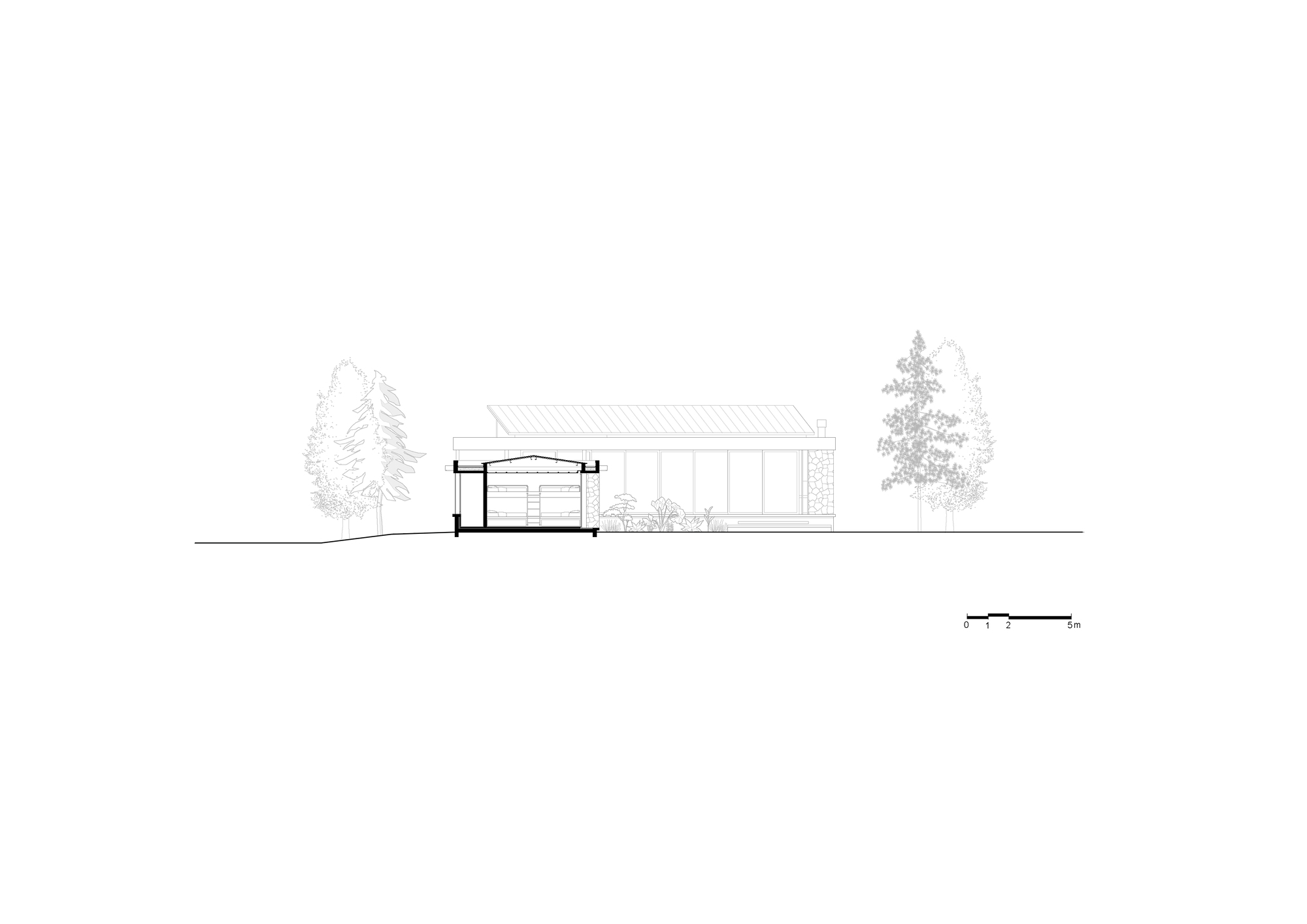 Section drawing showing the single-story profile with sloped roof and interior spatial divisions