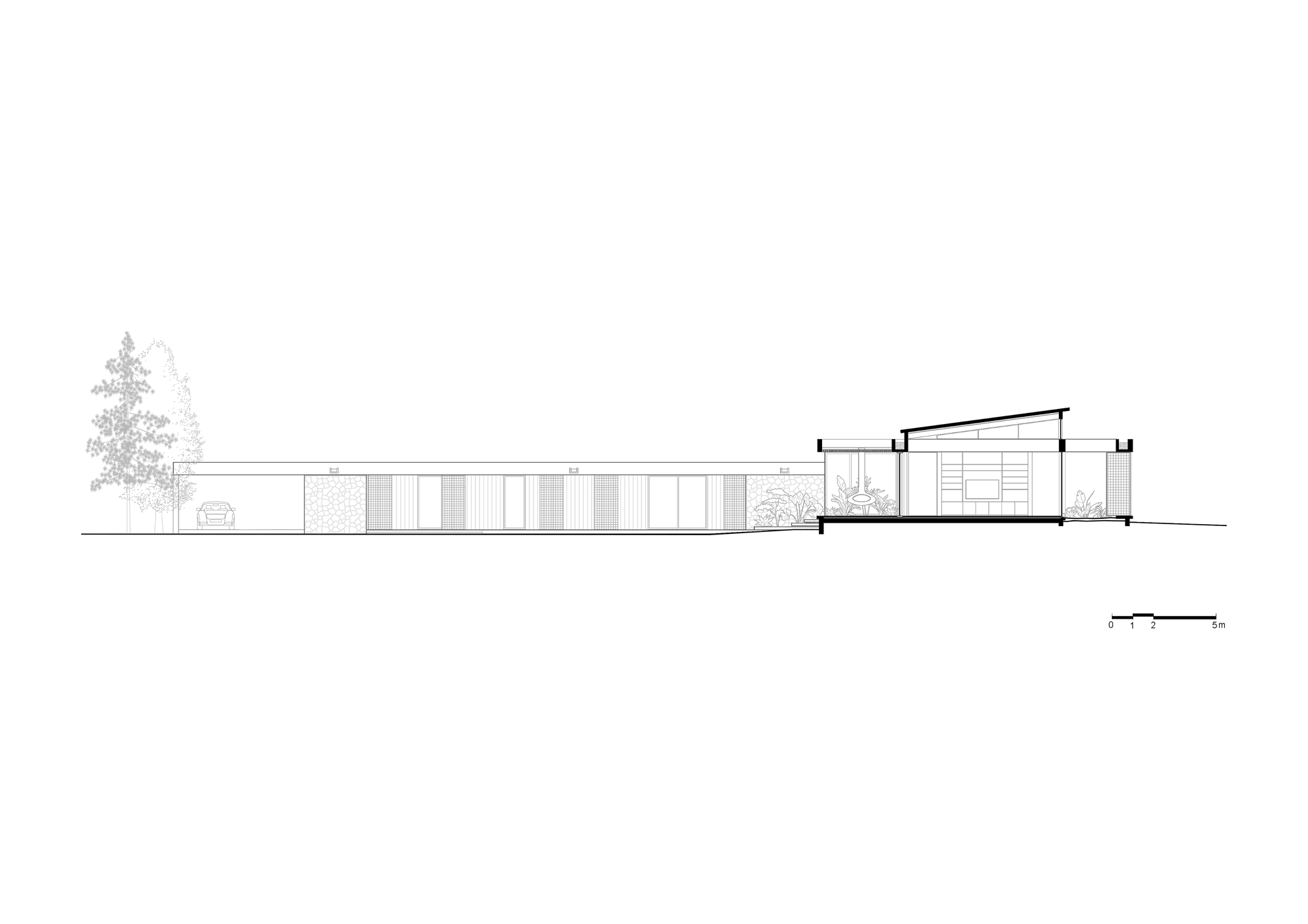 Section drawing showing a low-slung residence with courtyard and trees along a horizontal plane