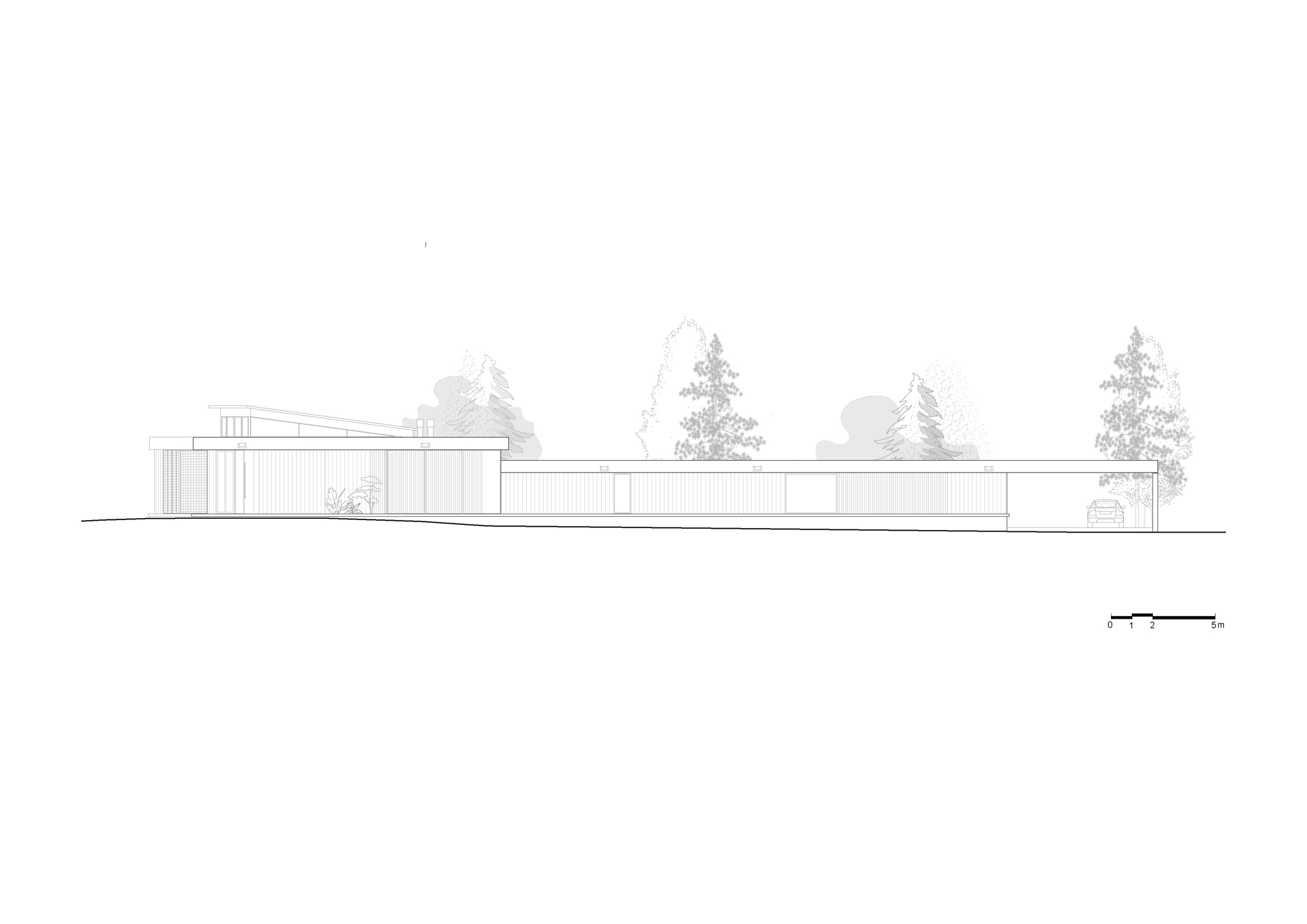 Elevation drawing of the elongated residence with interspersed volumes and mature trees in the landscape