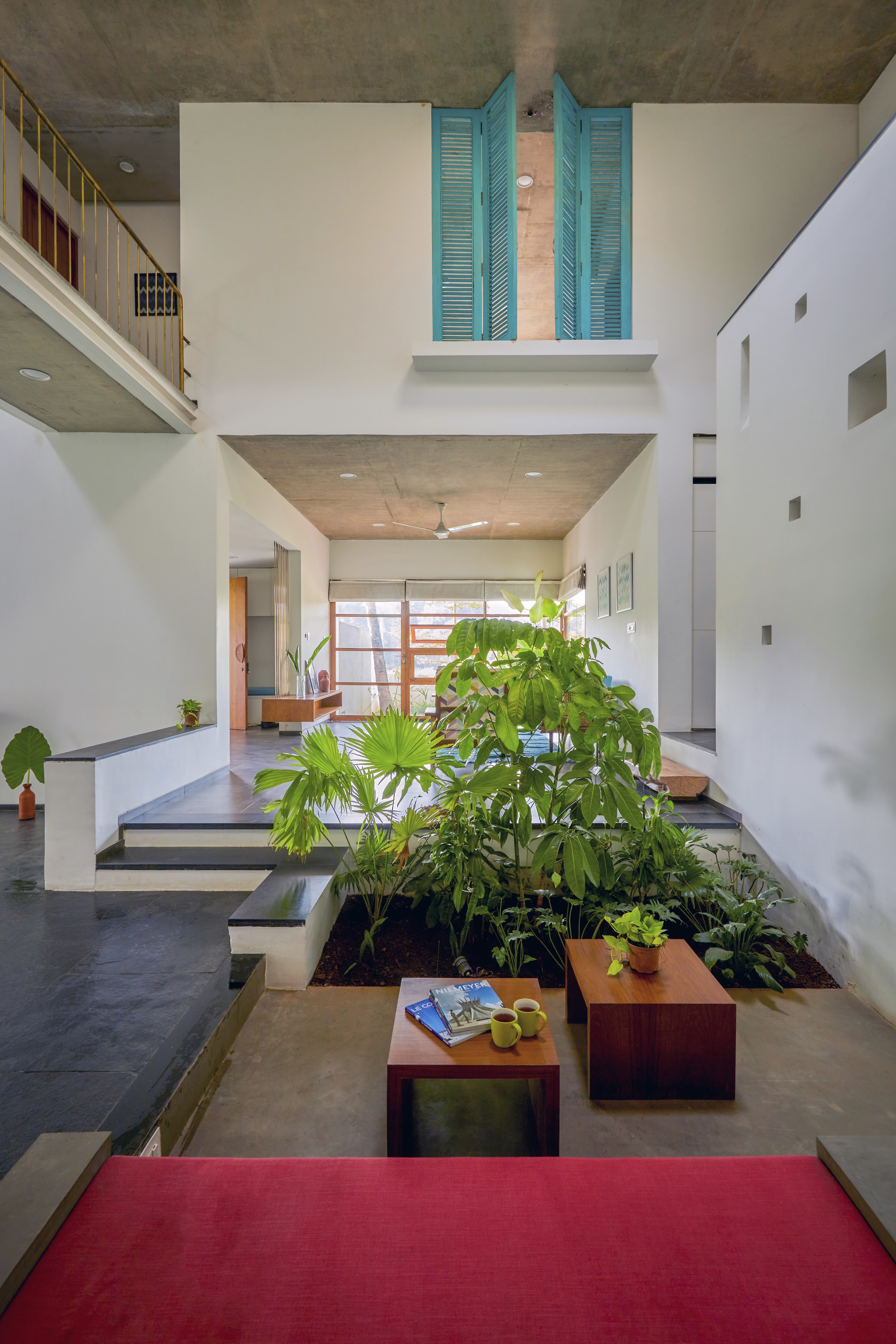 Split-level living area with sunken planted bed, timber furnishings and turquoise shutters above