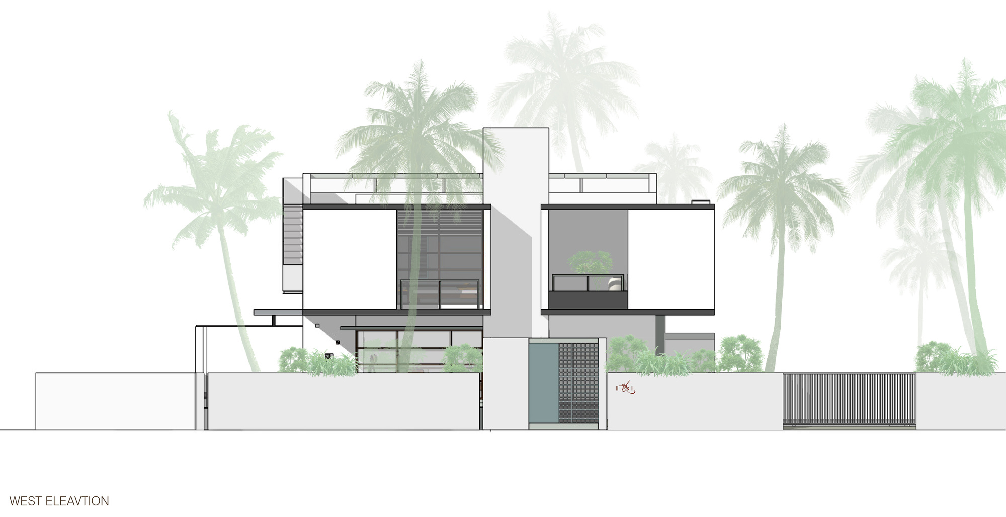 West elevation drawing depicting stacked volumes with balconies and palm trees in the background