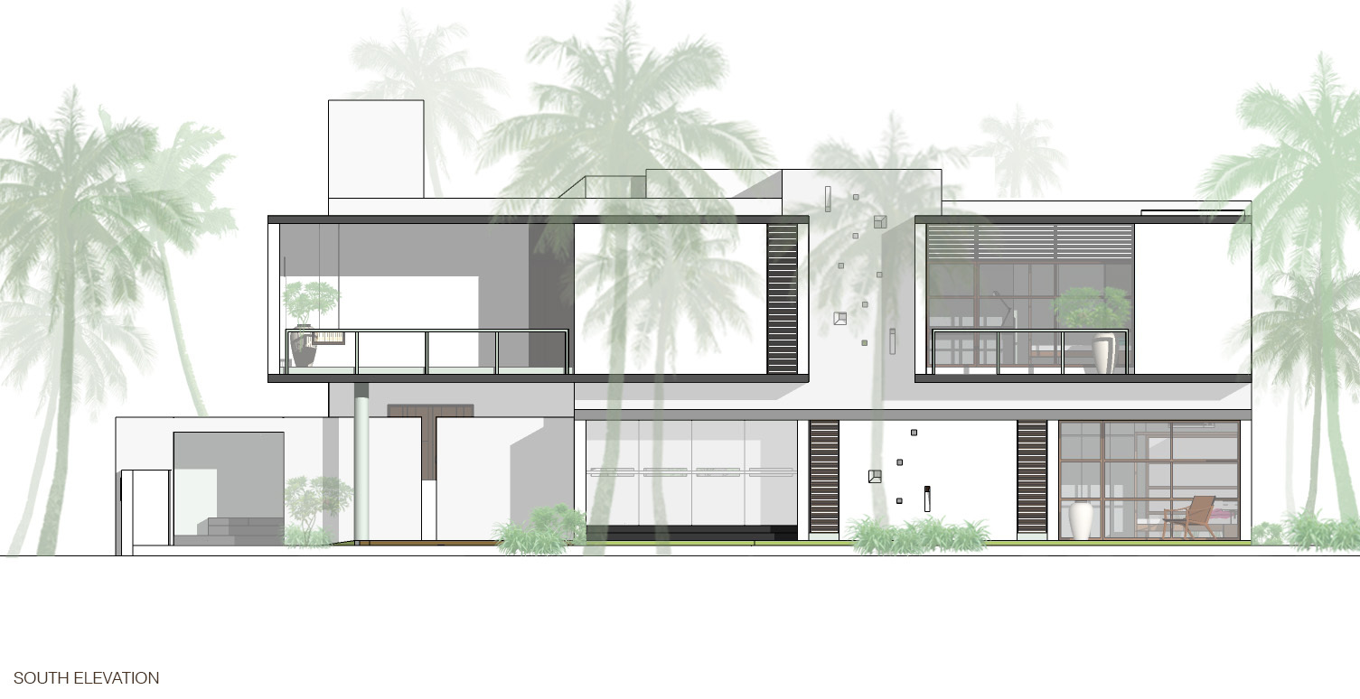 South elevation drawing showing the two-story residence with terraces and palm tree silhouettes