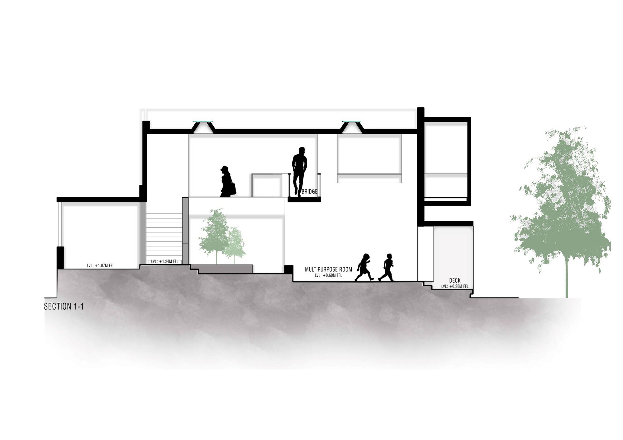 Section drawing showing double-height multipurpose room with figures and a tree visible through openings