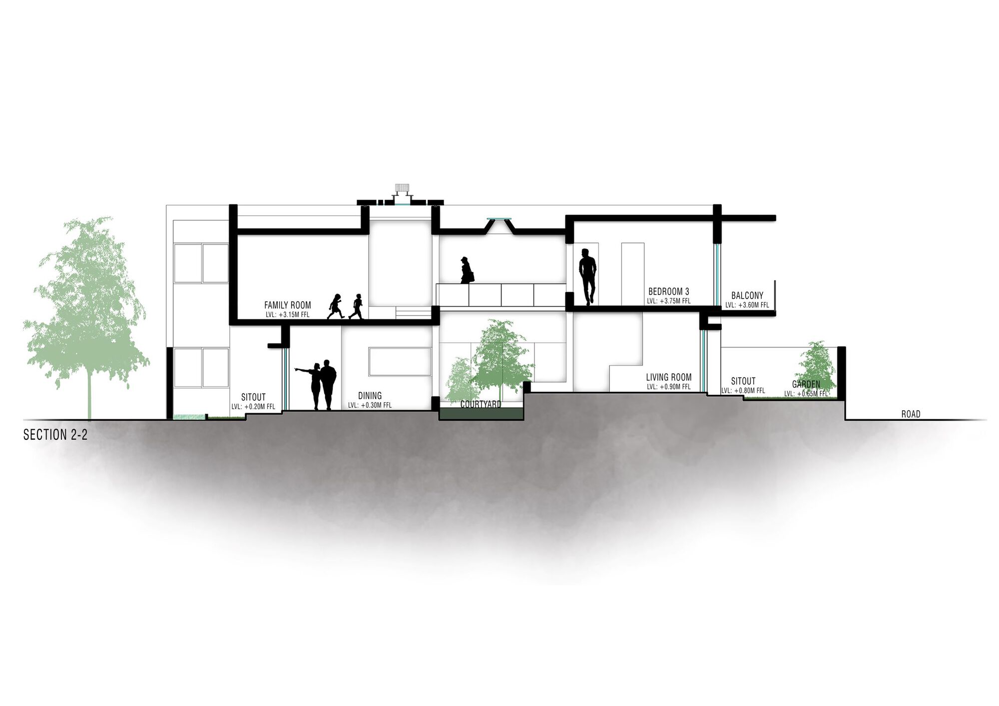 Section drawing showing split-level spaces with courtyard trees and figures populating the living areas