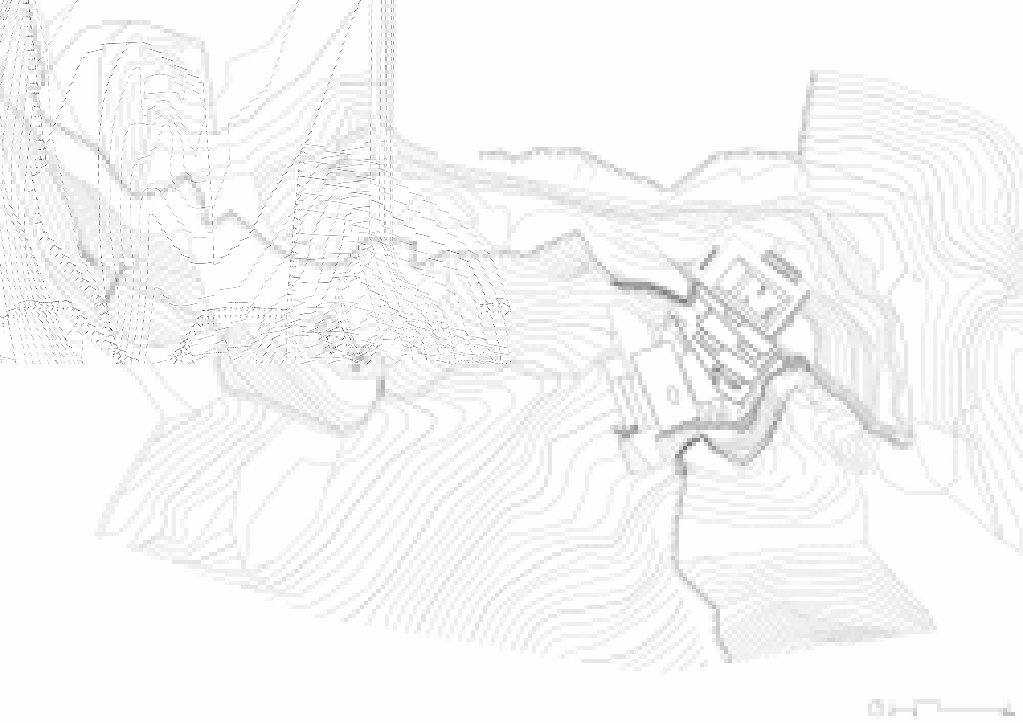 Site plan drawing showing building footprint nestled within contour lines of steep topography