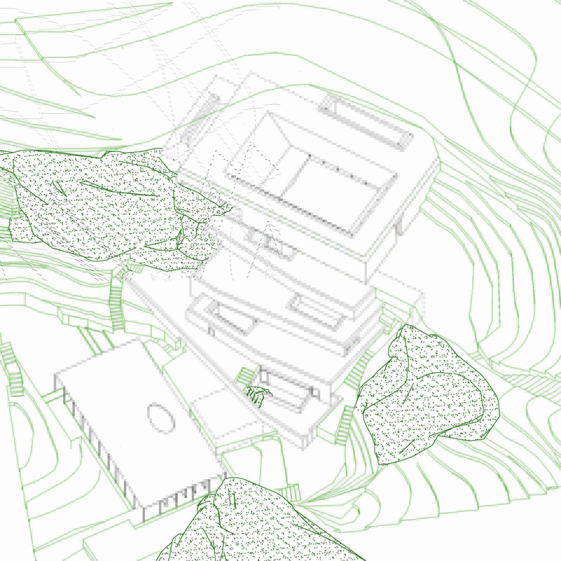 Axonometric drawing showing terraced volumes with planted courtyards and topographic contour lines