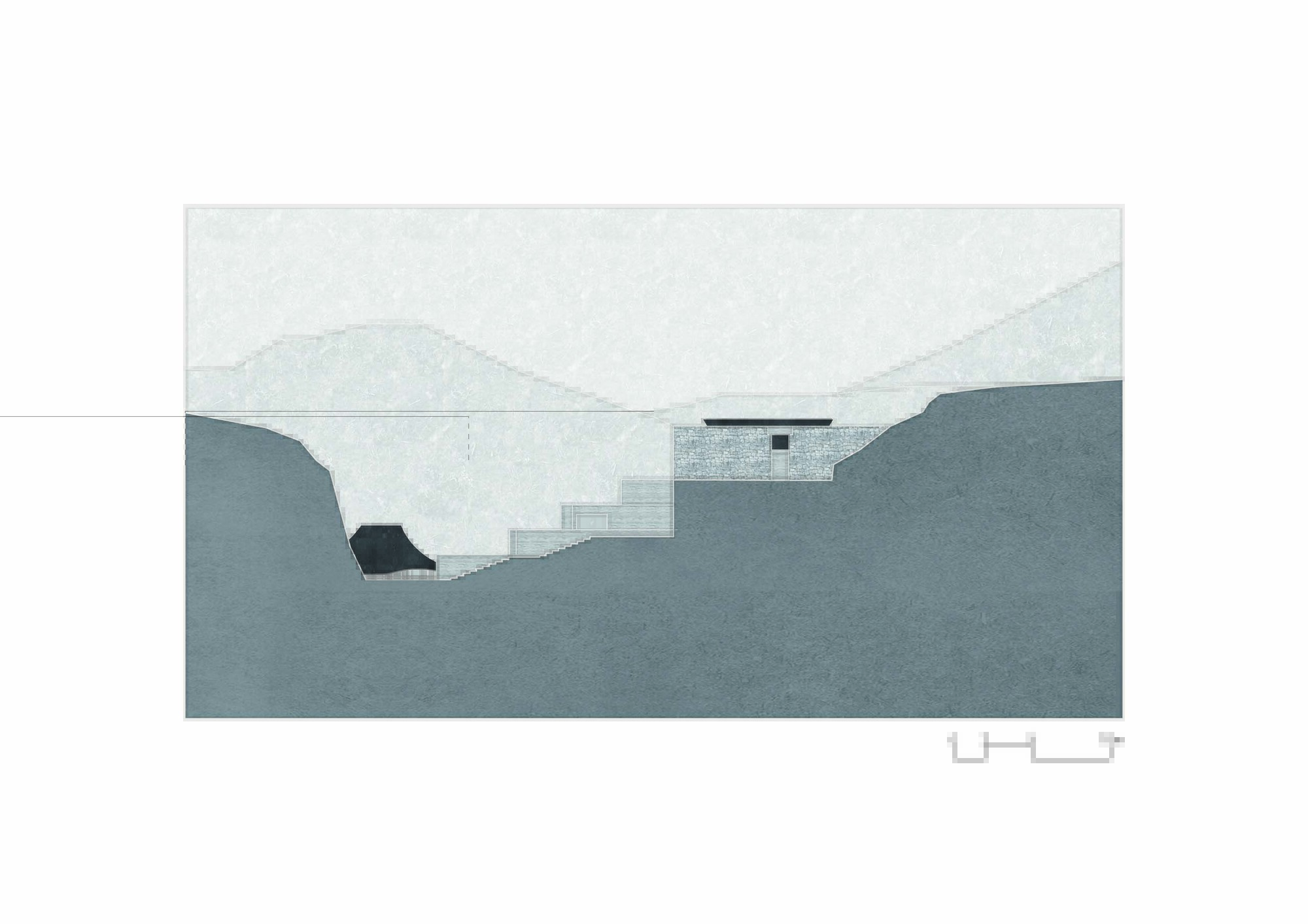 Section drawing depicting a stepped structure nestled into sloping terrain with layered mountains beyond