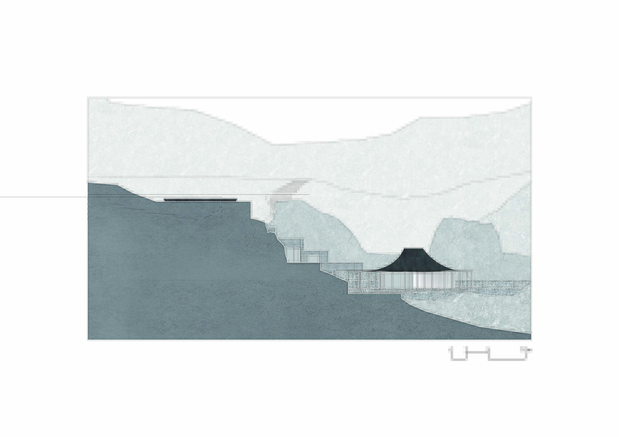 Section drawing showing a pavilion with vertical columns bridging between hillside terraces and distant peaks