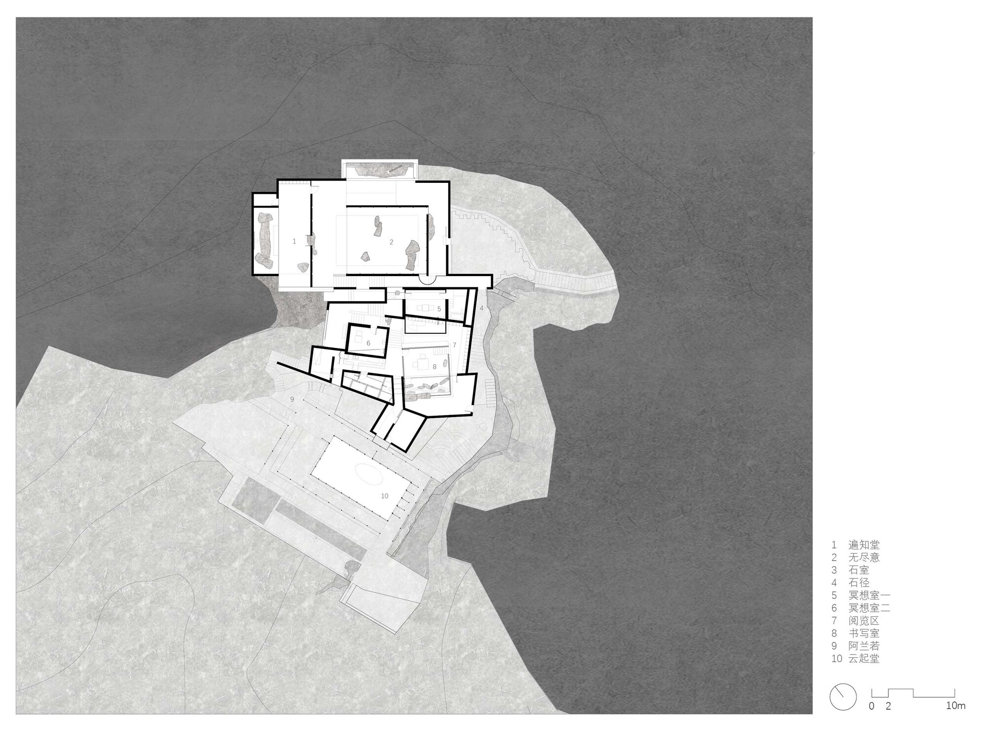 Site plan drawing revealing clustered buildings on a coastal promontory with water to one side