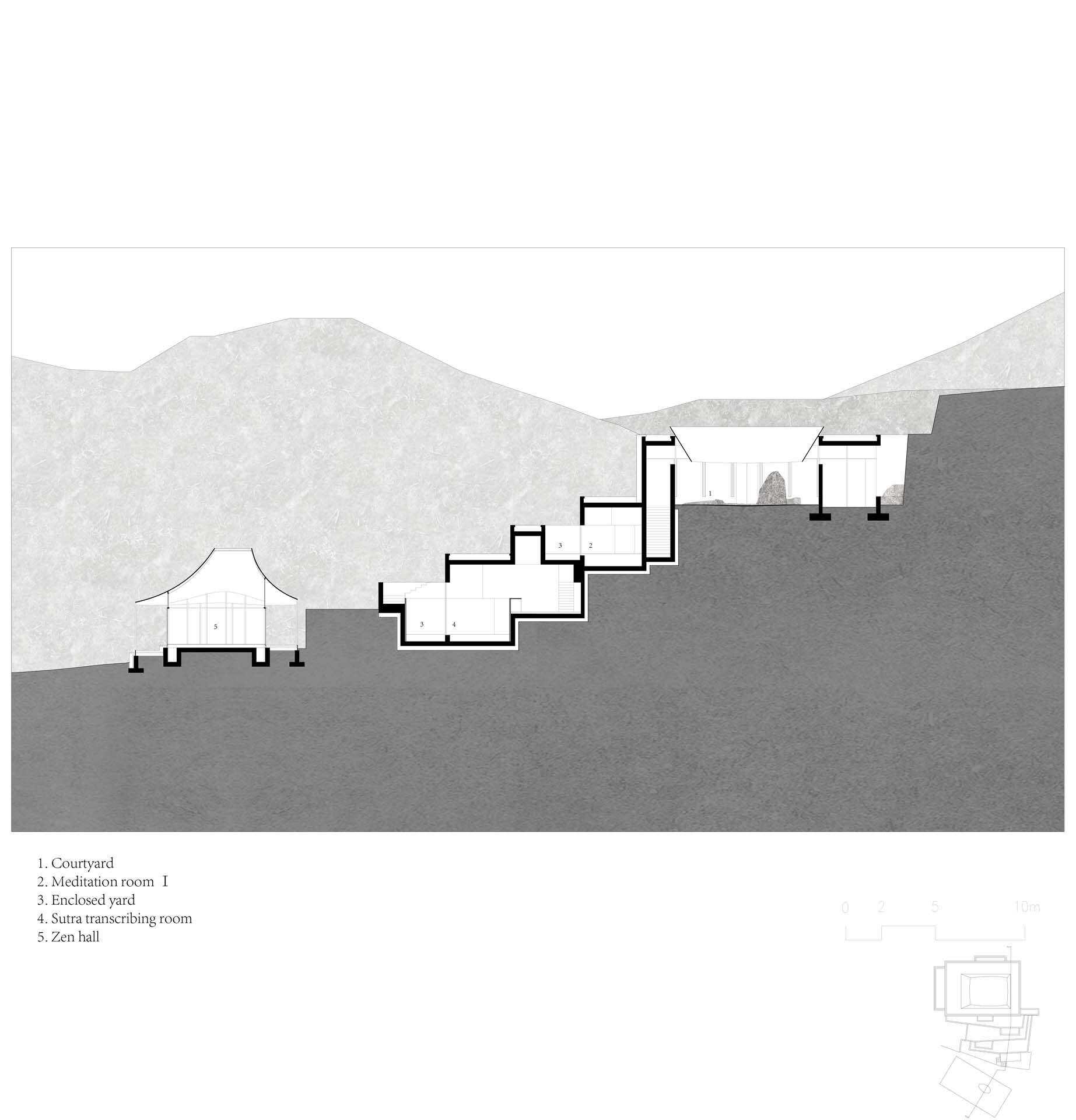 Section drawing illustrating interconnected spaces descending a slope with a curved roof structure at the left