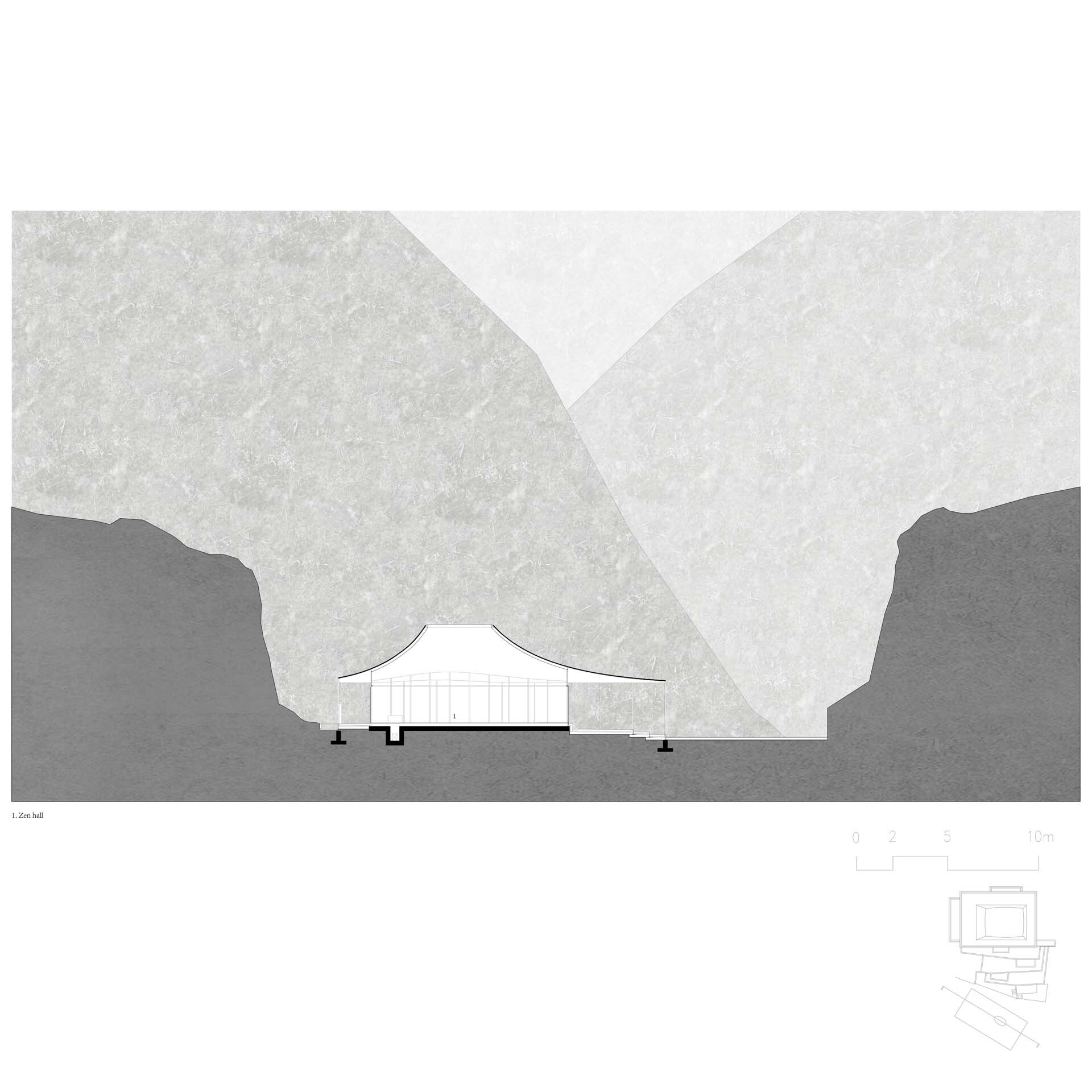 Elevation drawing of a single pavilion with curved roof and vertical slats set between mountain silhouettes