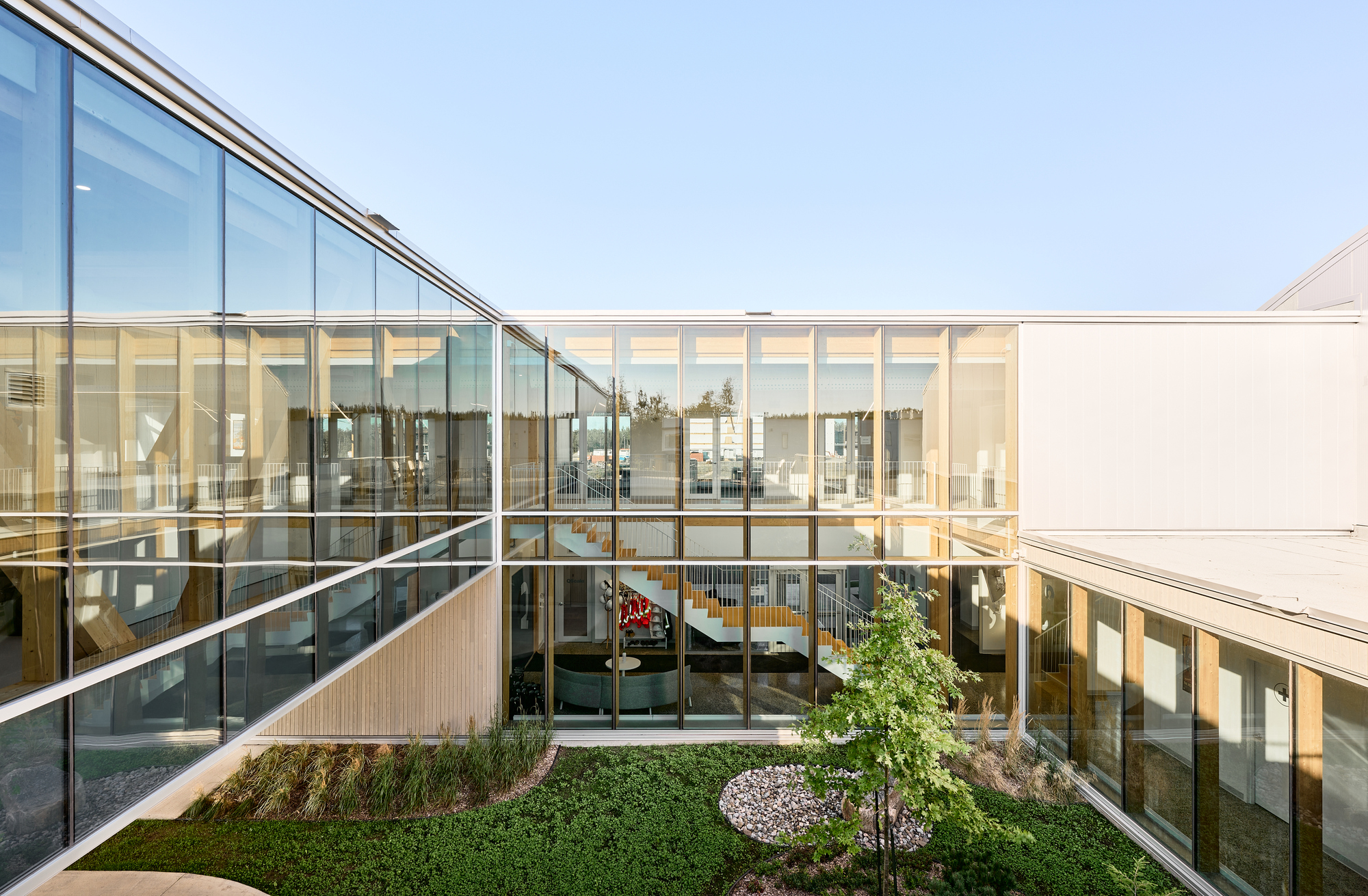 Interior courtyard with planted beds and sloped glass wall revealing office spaces beyond