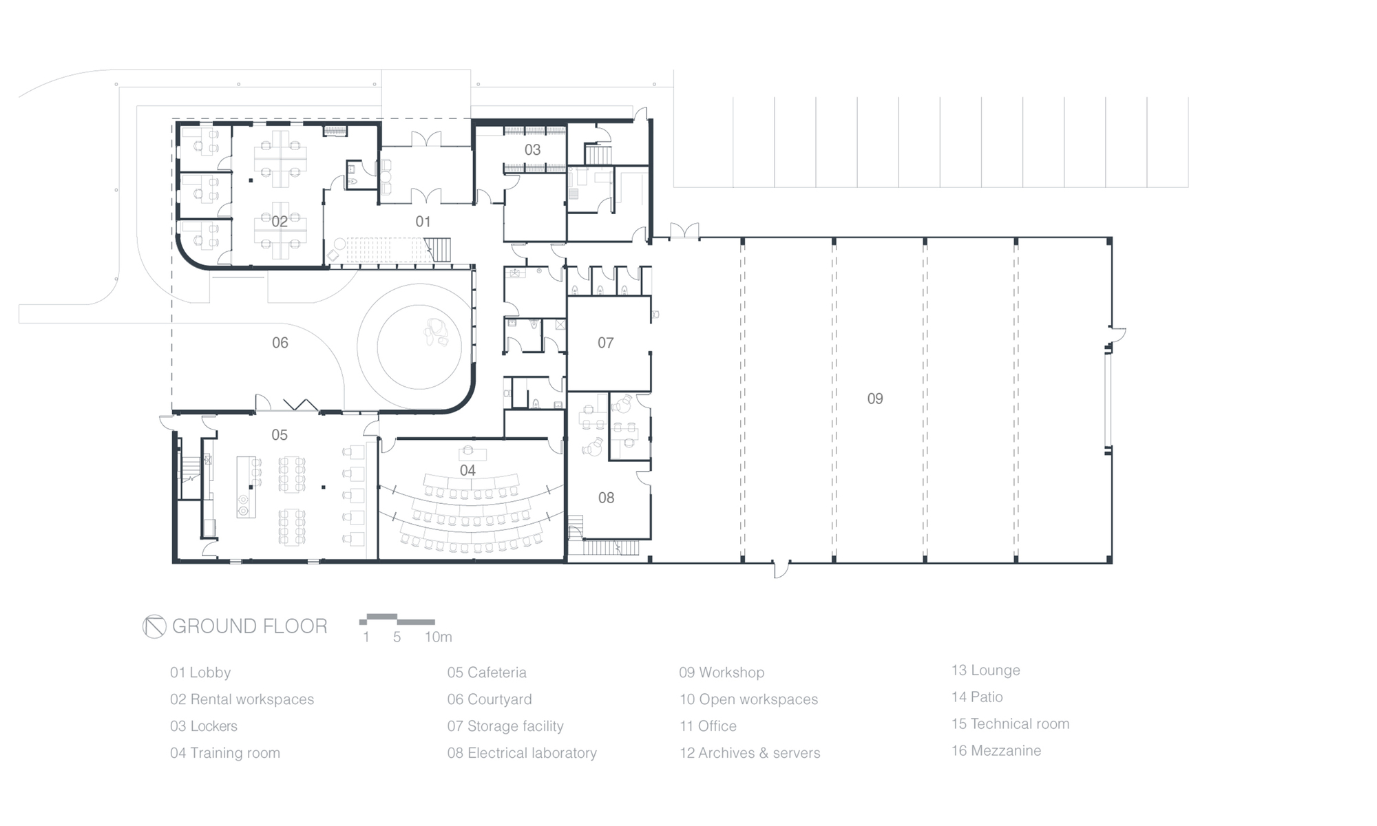 Ground floor plan drawing showing a central training room with surrounding offices and a large workshop space