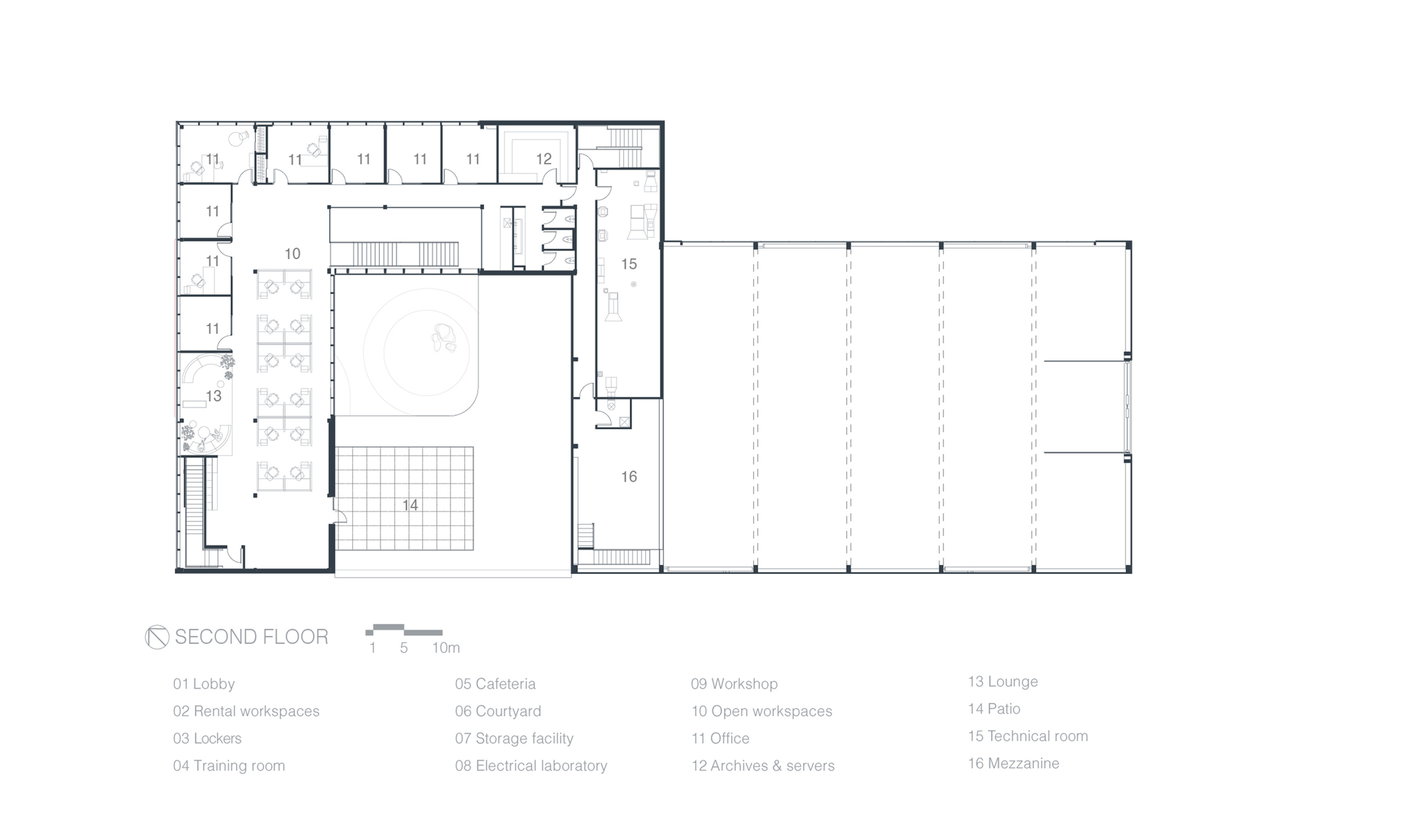 Second floor plan drawing showing office workspaces, a central atrium void, and an adjacent workshop hall