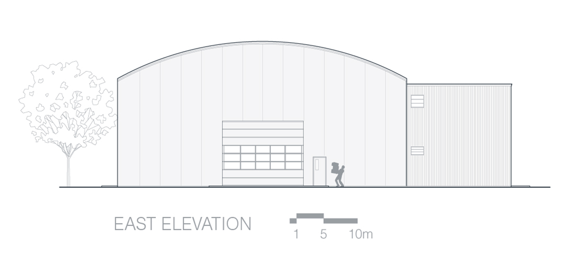 East elevation drawing depicting a barrel-vaulted volume beside a corrugated metal structure with a tree
