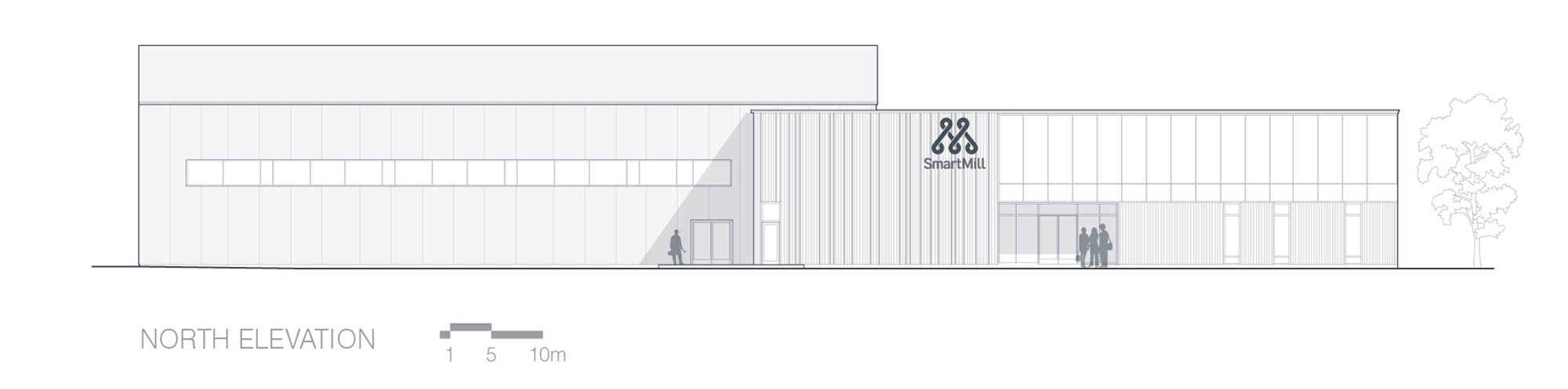 North elevation drawing showing a long horizontal structure with vertical cladding and groups of figures