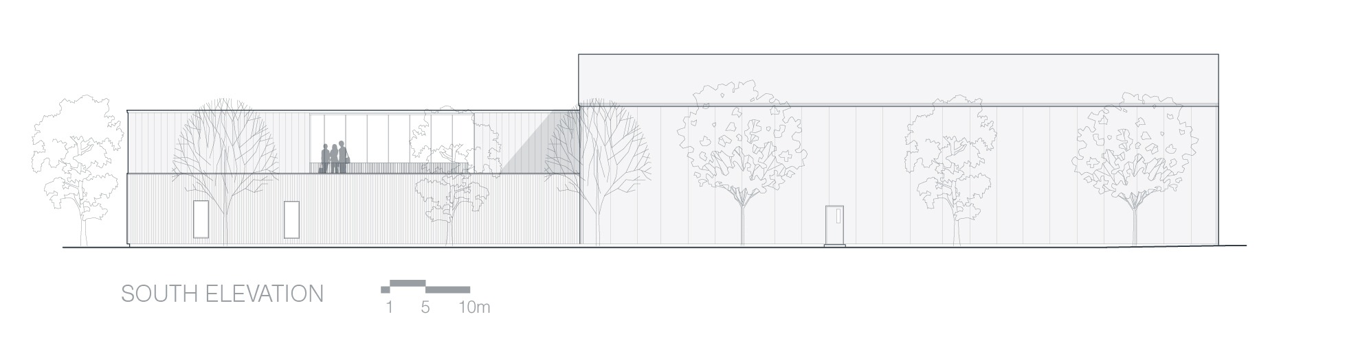 South elevation drawing presenting a low-profile building among rows of deciduous trees