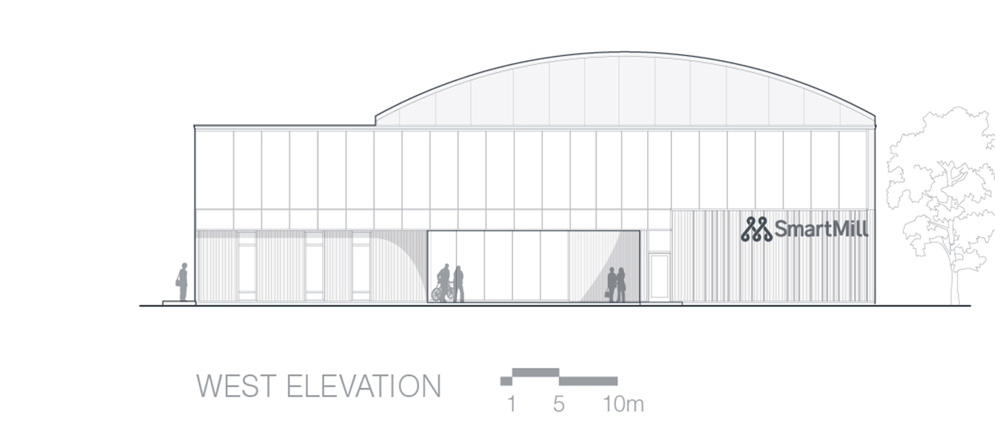 West elevation drawing featuring an arched-roof hall with glazed entry and people approaching on foot