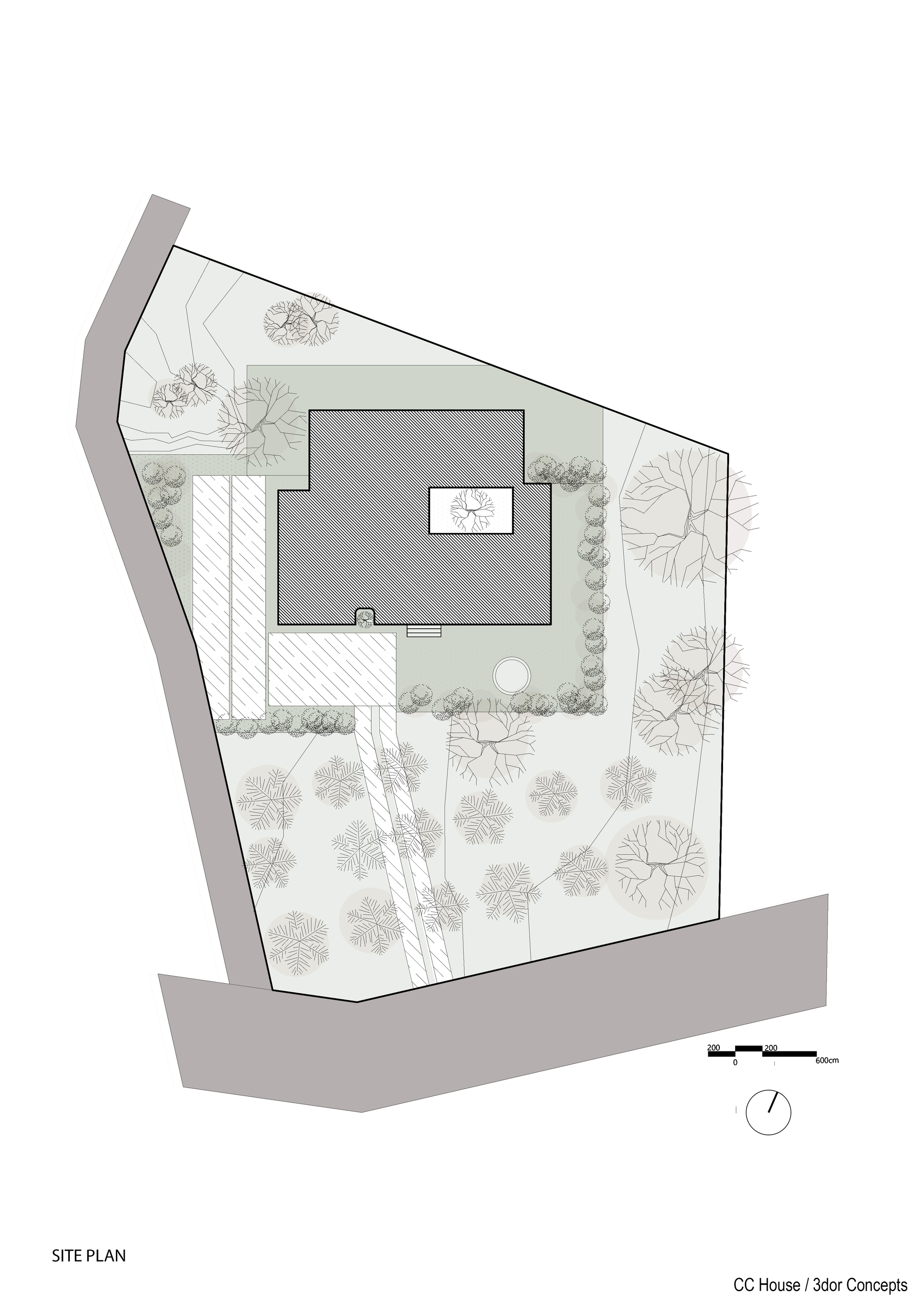 Site plan drawing showing an irregular trapezoidal plot with a central building surrounded by scattered trees