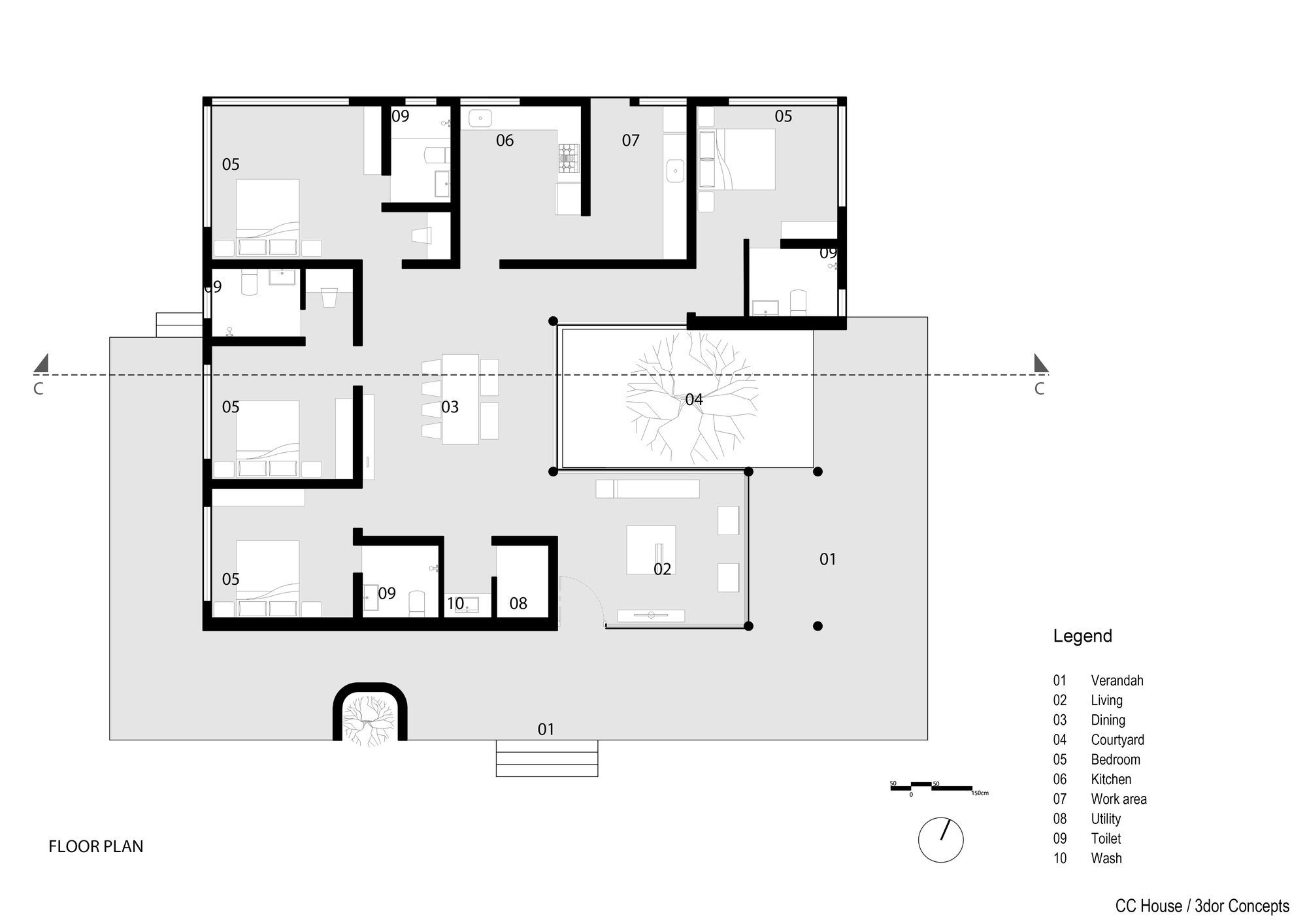 Floor plan drawing showing bedroom clusters around a central courtyard with living and dining spaces