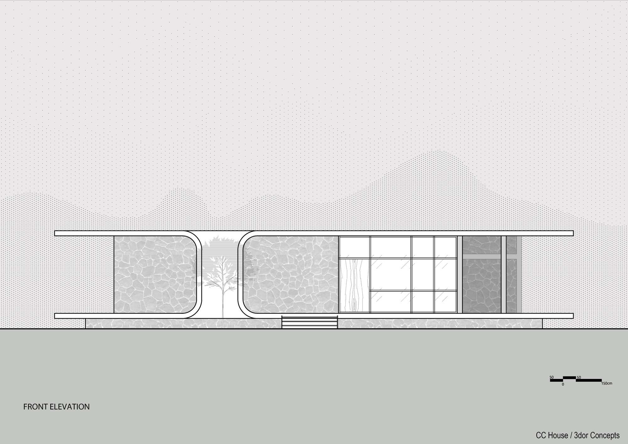 Front elevation drawing showing the low-slung roof profile with courtyard walls and glazed entry volume