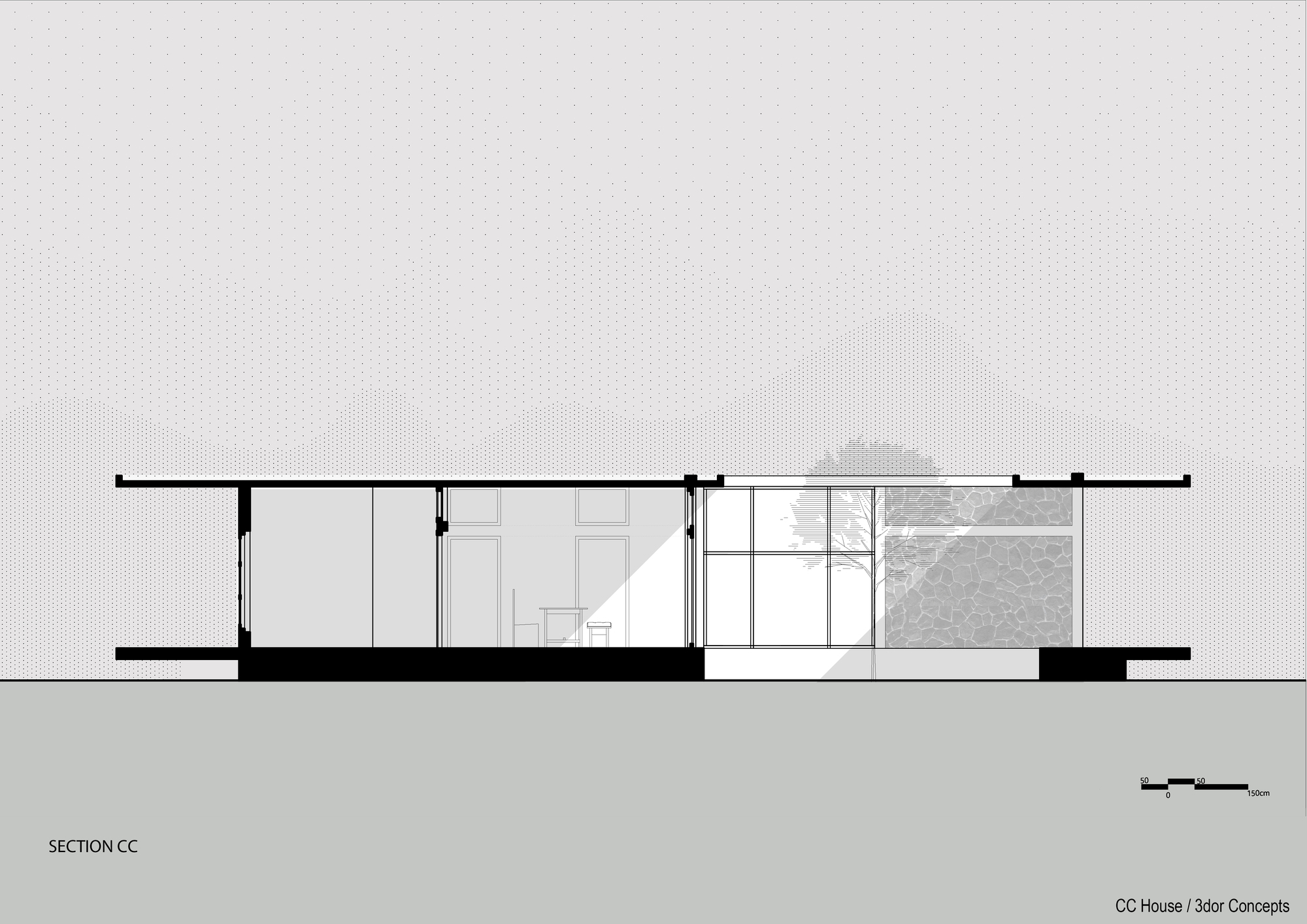 Section drawing revealing the interior spaces beneath the continuous roof plane with a courtyard tree